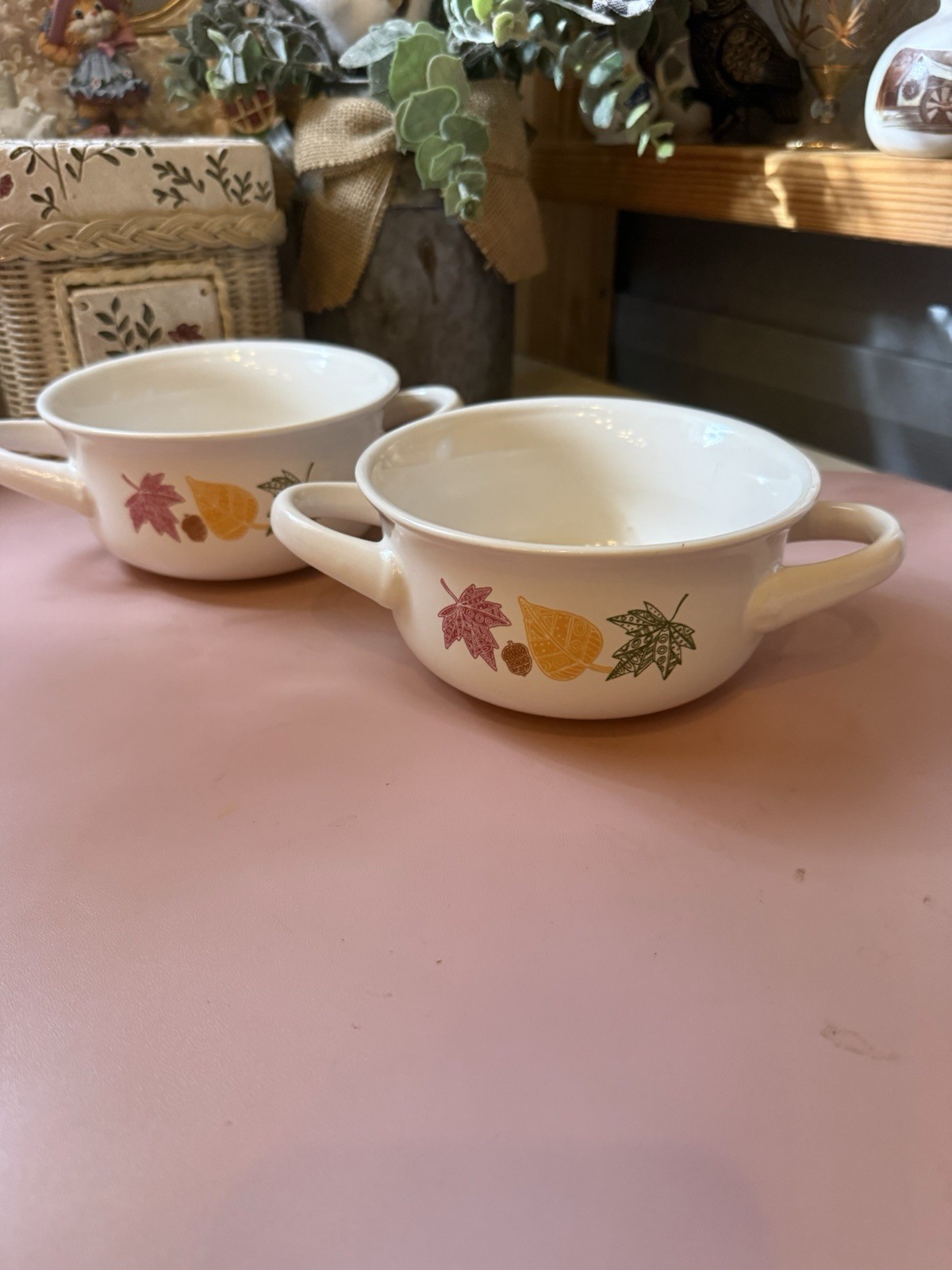 Holiday Home Ceramic Soup Bowls Set of 2 Side Handles Autumn Leaves