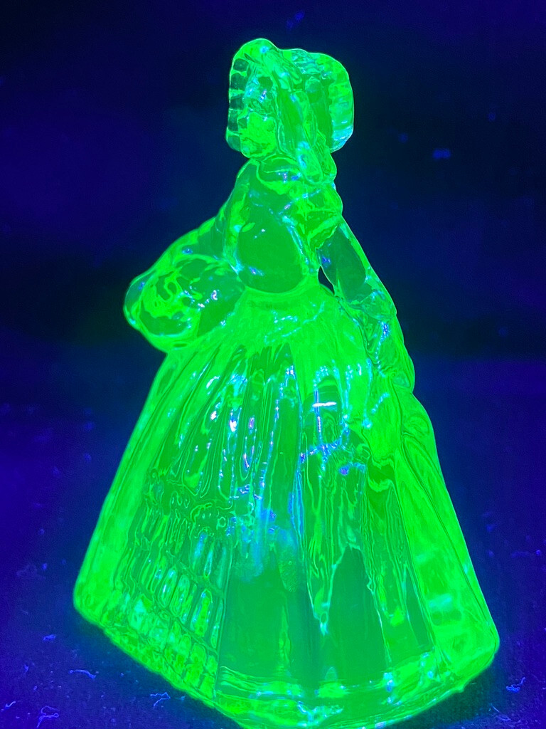 Green Vaseline uranium glass girl doll candy container woman Elizabeth Blue glow