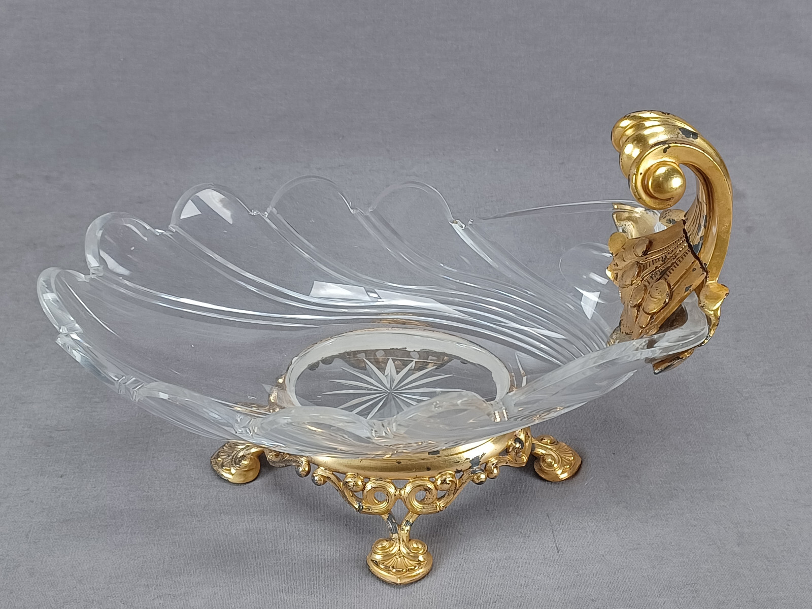 Antique French Cut Glass & Gilt Ormolu Neoclassical Shell Bowl Circa 1820s-1840s