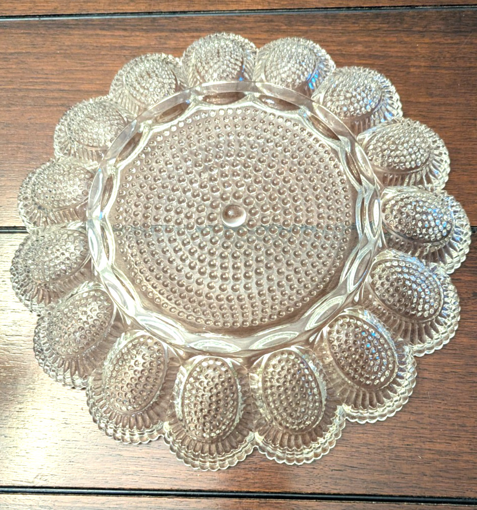 Vintage Indiana Glass Crystal Hobnail Deviled Egg Tray 11″ Plate Excellent