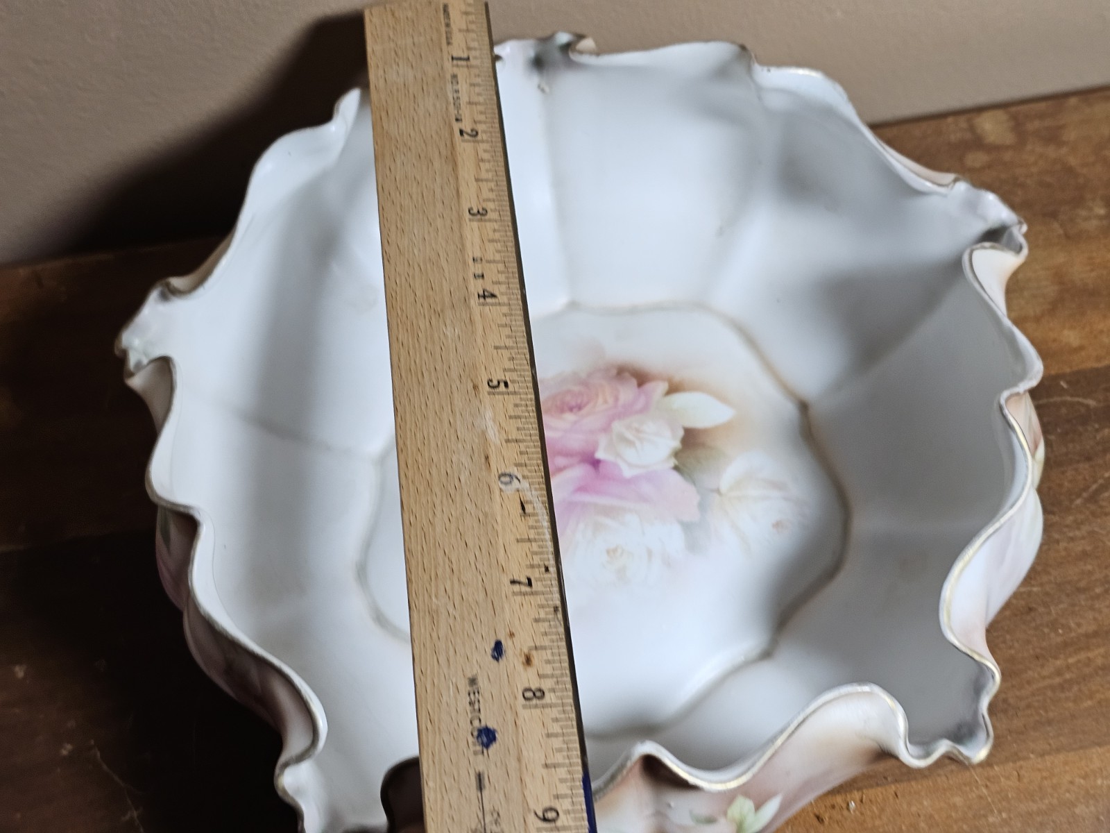 Antique RS Prussia Pink Rose 9″ Blown Out Bowl Exterior Painted Floral Gold