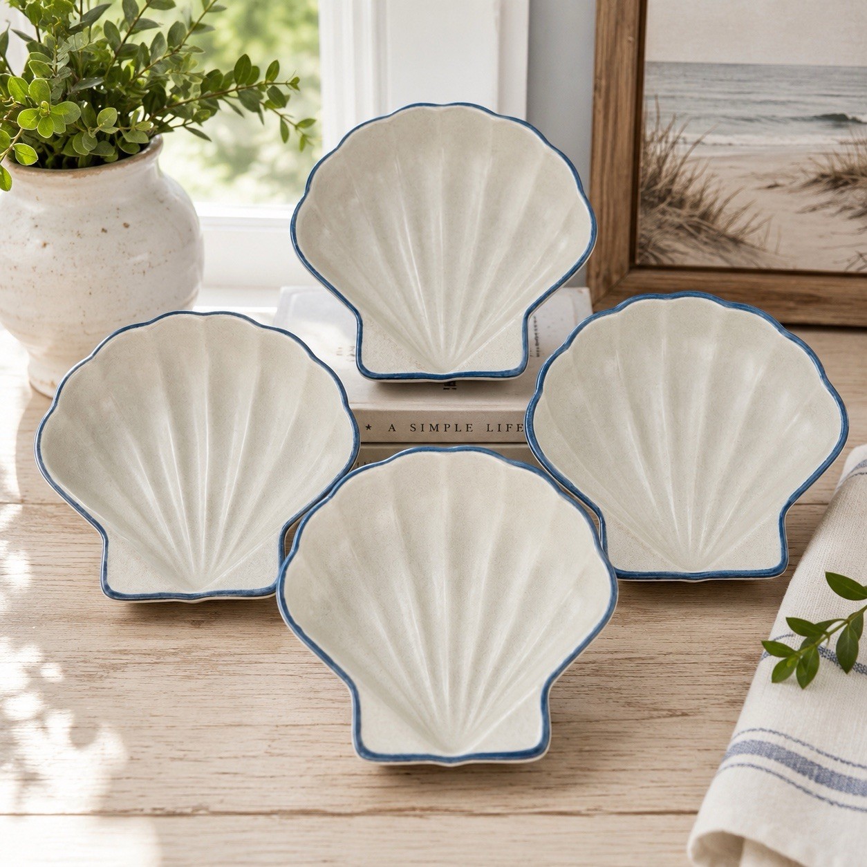 Vintage Pfaltzgraff Yorktowne Shell Dishes #242 Blue White Stoneware Set of 4