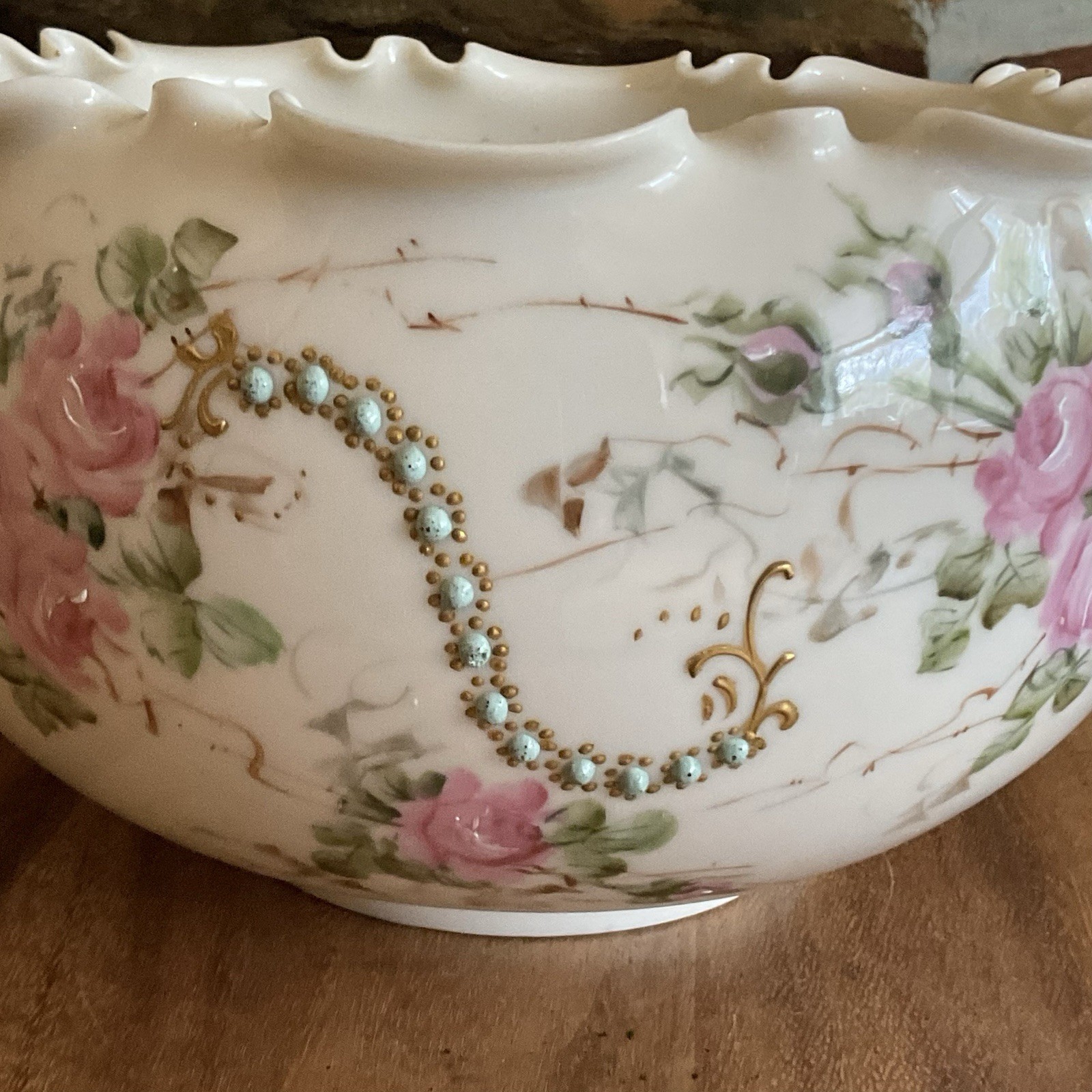 WILLETS BELLEEK Hand Painted Roses HANDLED BOWL Ruffle Rim Antique Late 19th CE