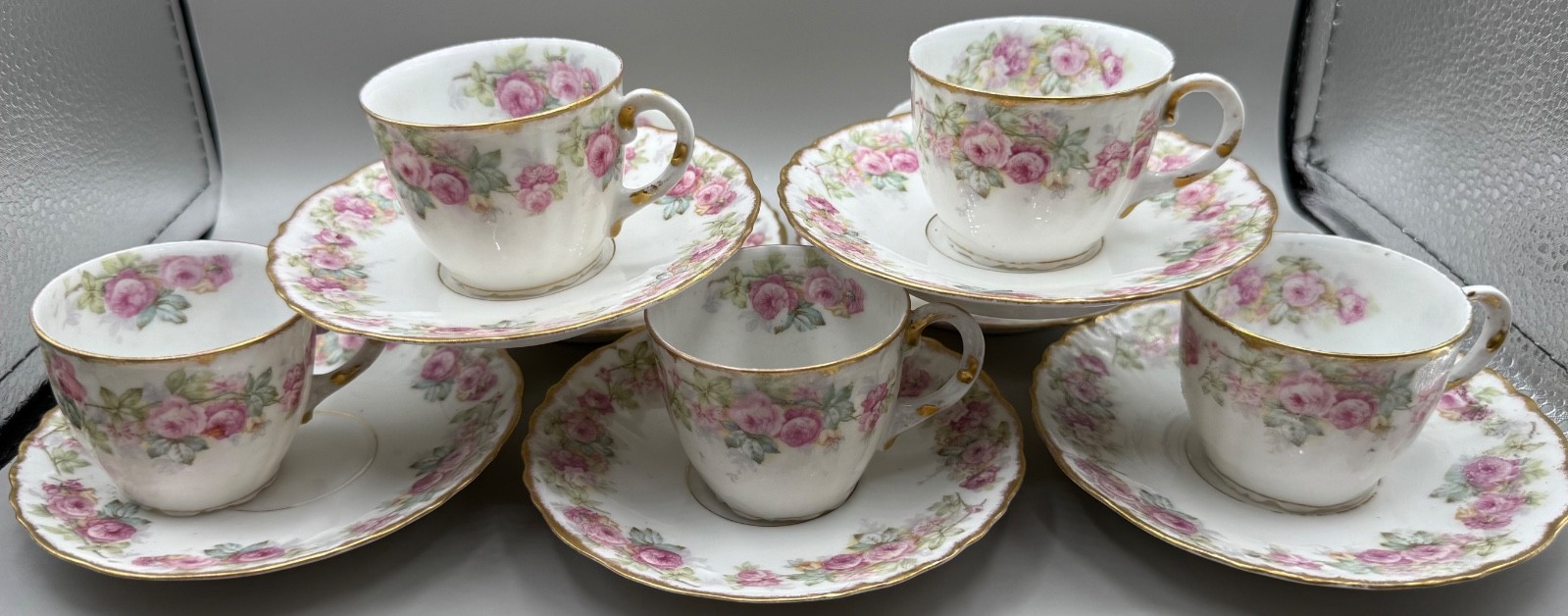 ANTIQUE LIMOGES DEMITASSE SET CUP SAUCER 16PC PINK ROSE FLOWER GARLAND FRANCE