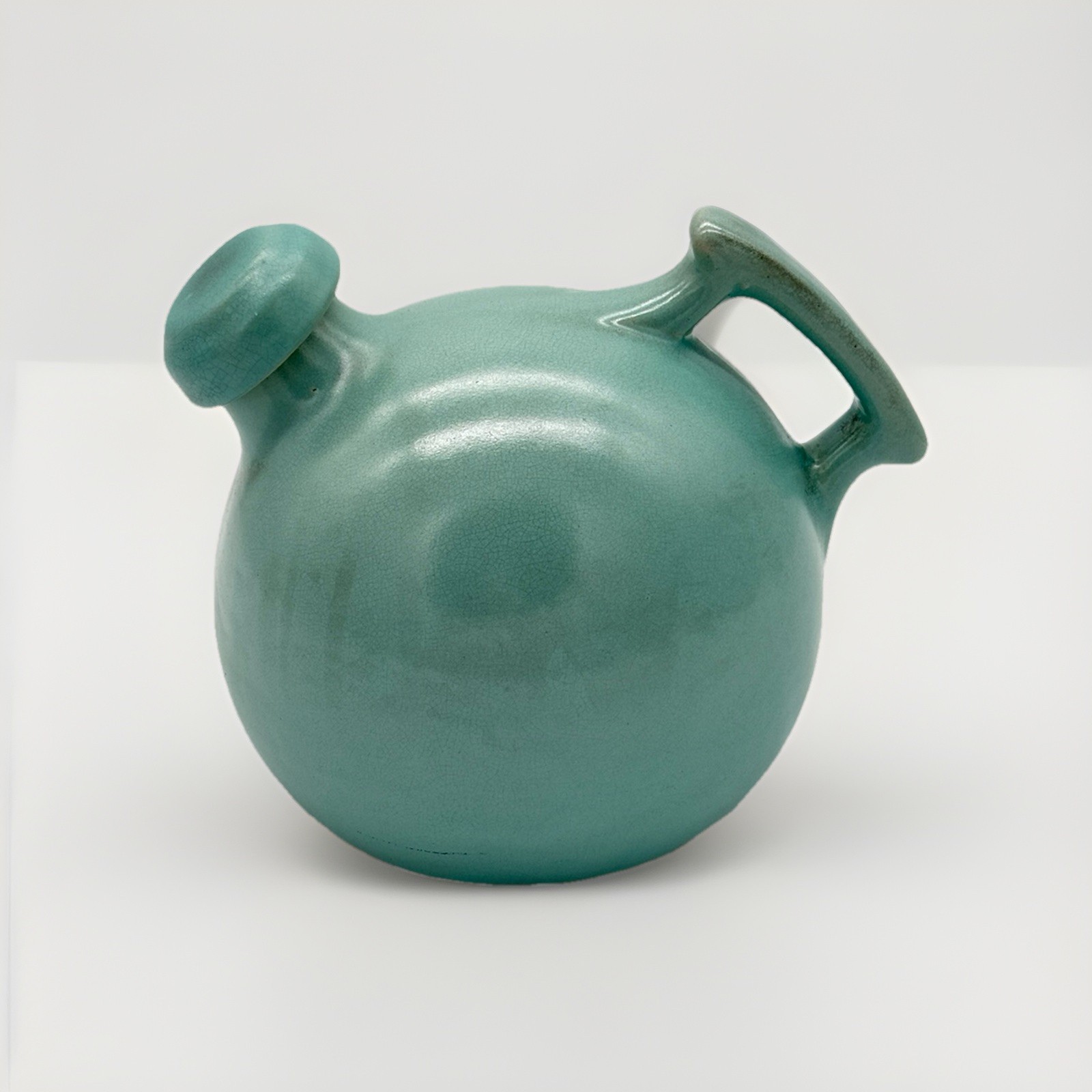 Vintage Art Deco Pottery Water Ball Pitcher Camark Teal Glazed Labels Cork 7″