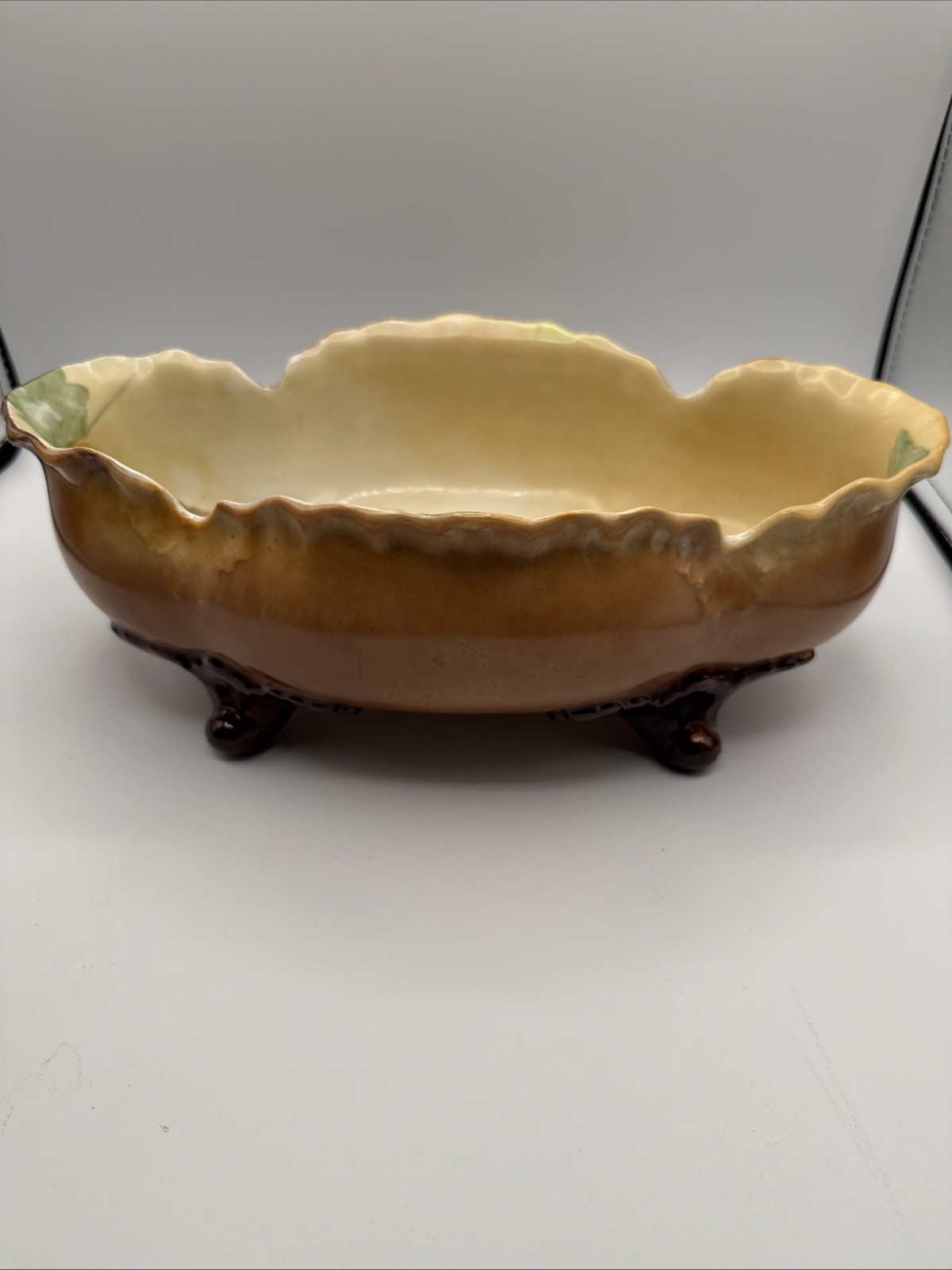 VTG Majolica painted ceramic footed centerpiece bowl with vibrant fruit and Leaf