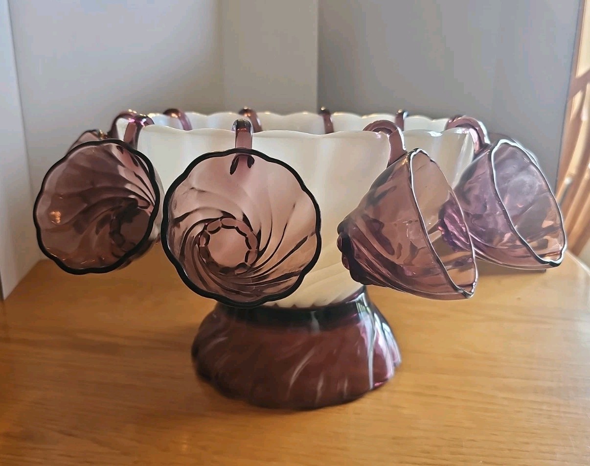 Amethyst & White Milk Glass Swirl Punch Bowl & Stand 10 Amethyst Cups