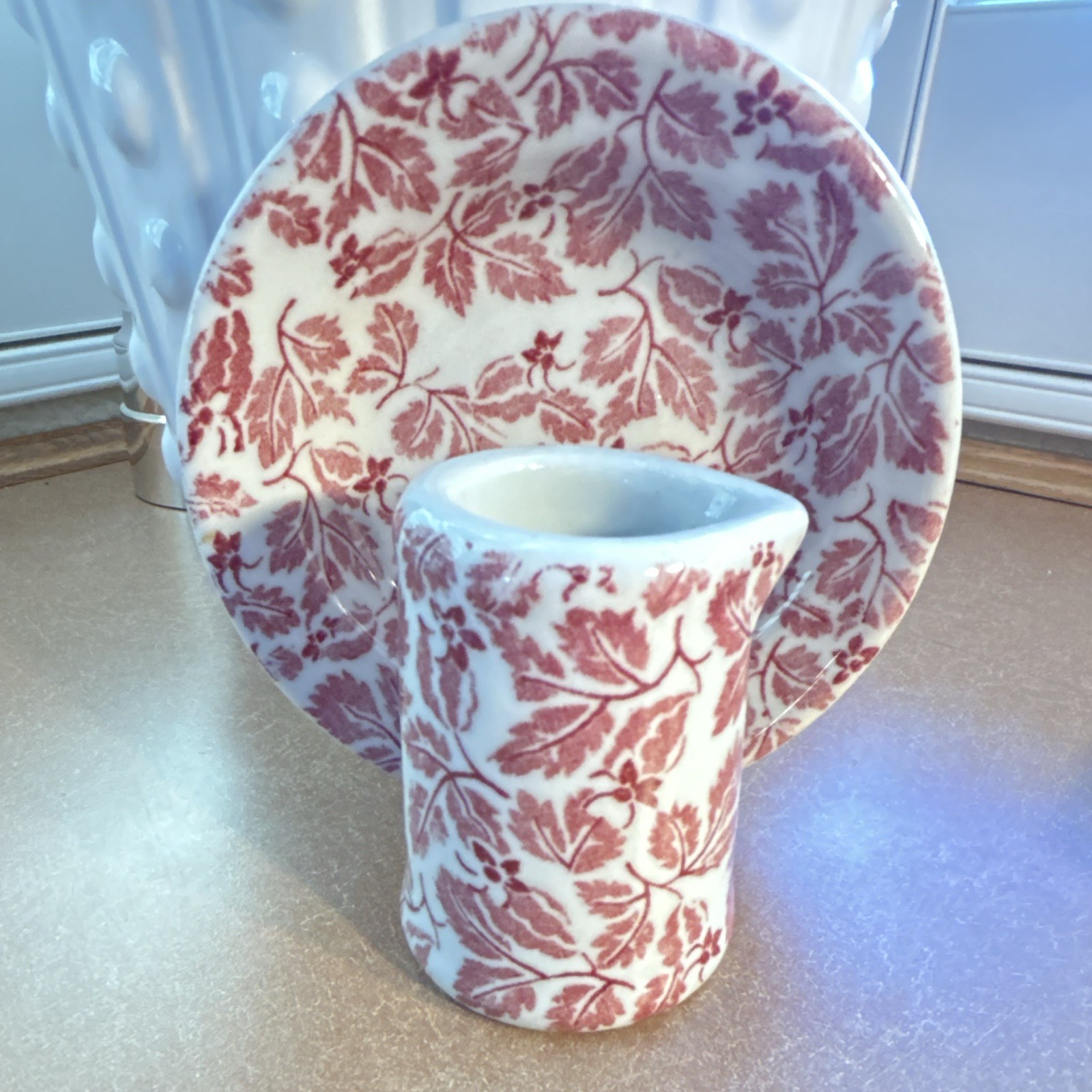 Vintage TEPCO China Red Leaf Pattern Creamer and Saucer Set White Red USA