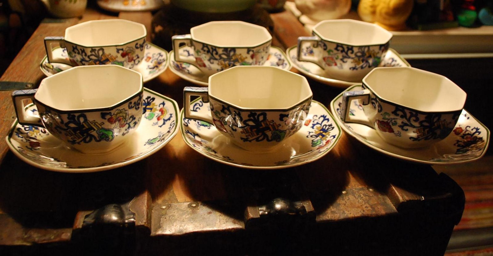 Antique Set 6 Cups & Saucers ‘NANKIN’ ROYAL DOULTON England GREEN TRIM Octagon