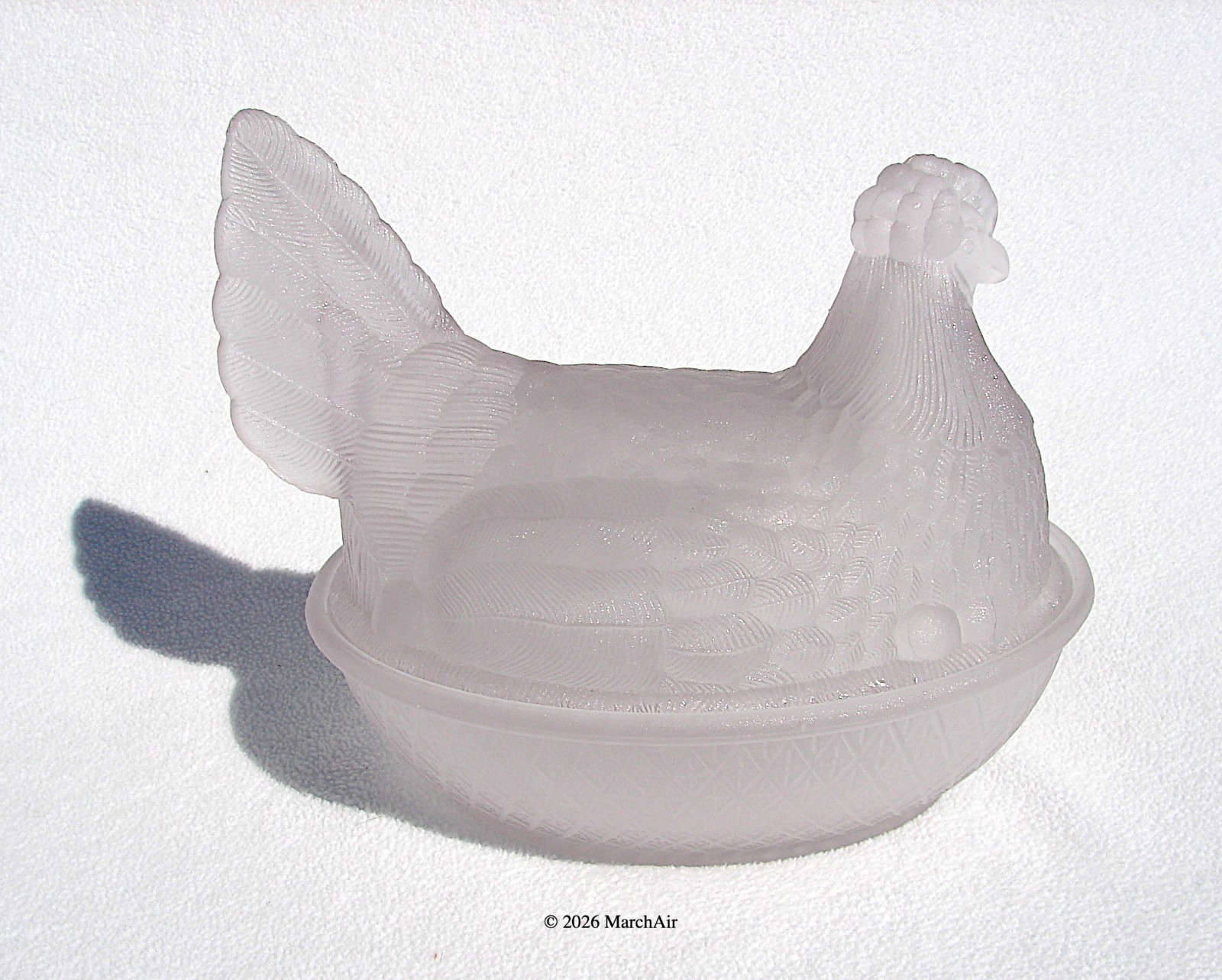 Antique Frosted Glass Hen on Nest Covered Dish 7” Geometric Base Aetna Glass Co.