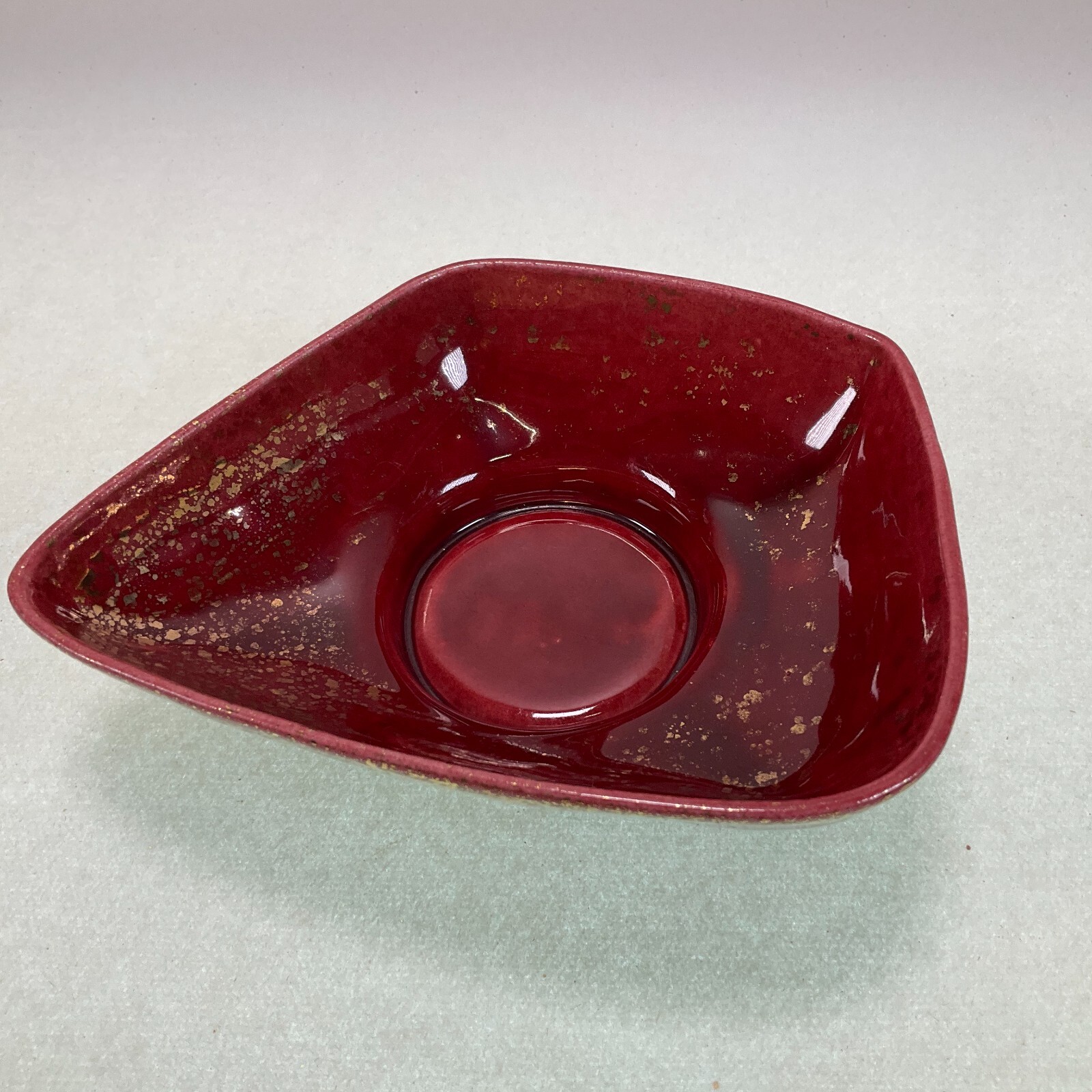 Mid Century Gold Spatter Burgundy Asymmetrical Bowl #8804 Vintage MCM