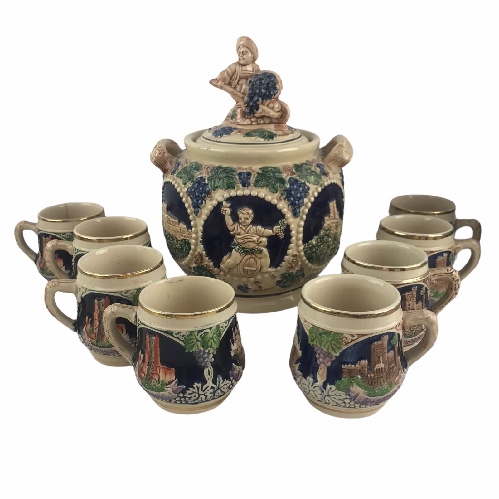 Vintage German Punch Cider Bowl Set 8 Cups Mugs Steins Castles Stoneware