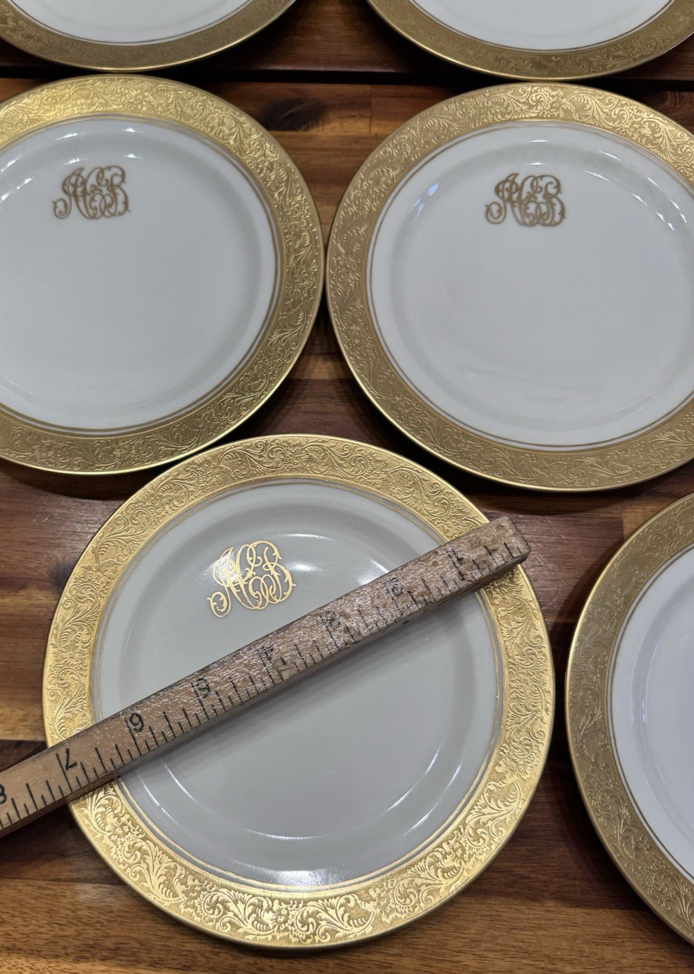 8pcs Antique Limoges P&P Gold Encrusted Monogram Salad Plates 7.5″- France, MINT