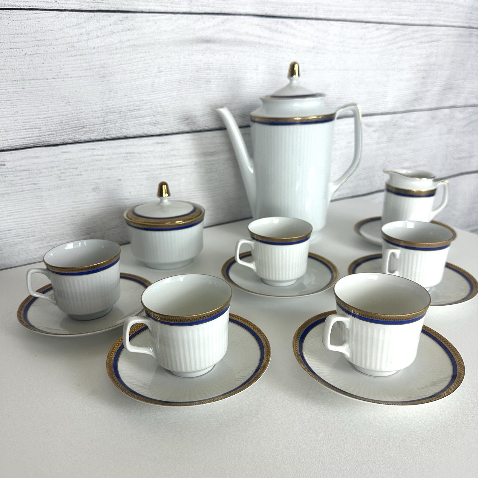 VTG Bareuther Bavaria Germany 100th Anniv. Coffee Set White Cobalt Gold 14 Piece