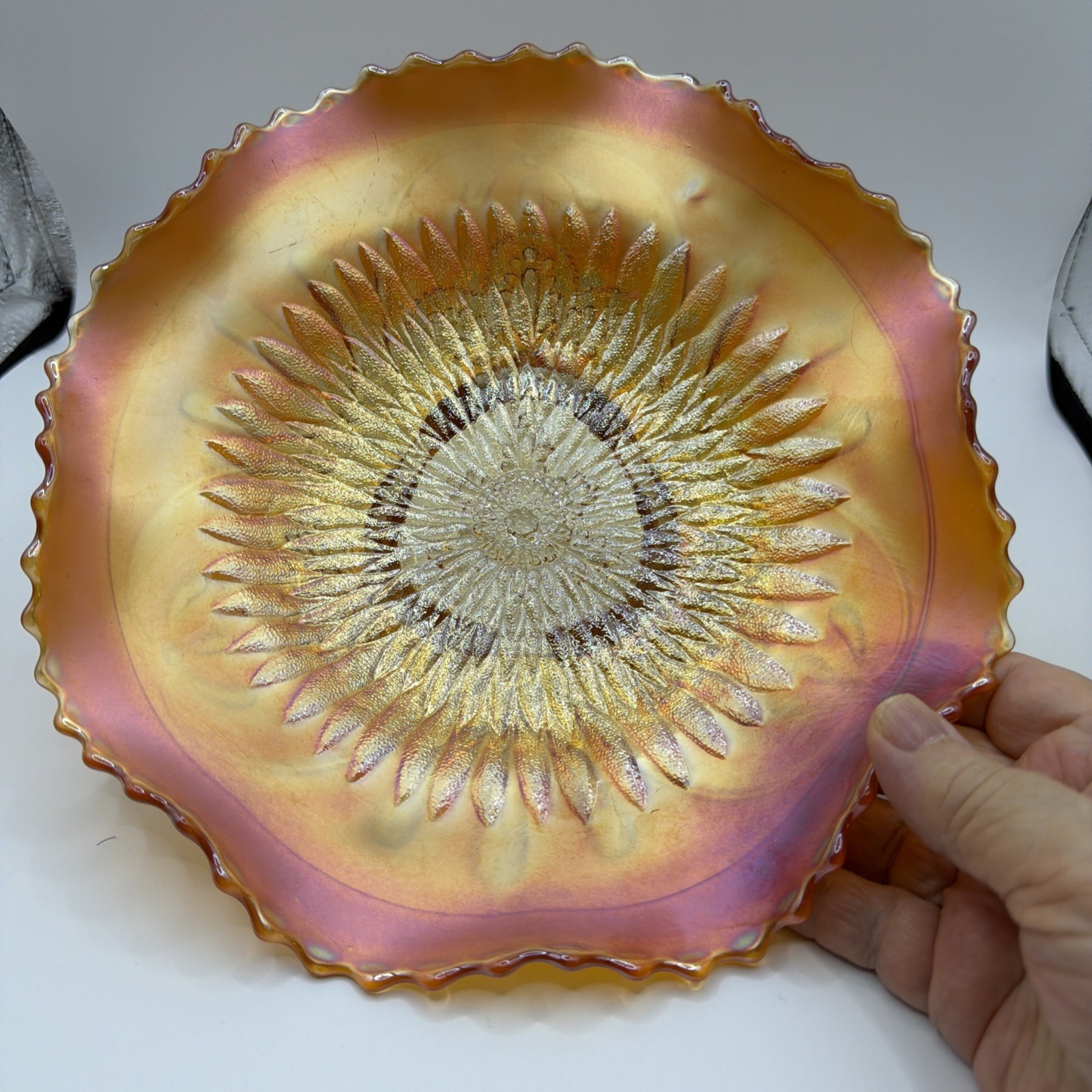 Northwood Pumpkin Marigold Sunflower Spatula Ftd Carnival Glass Bowl 9”