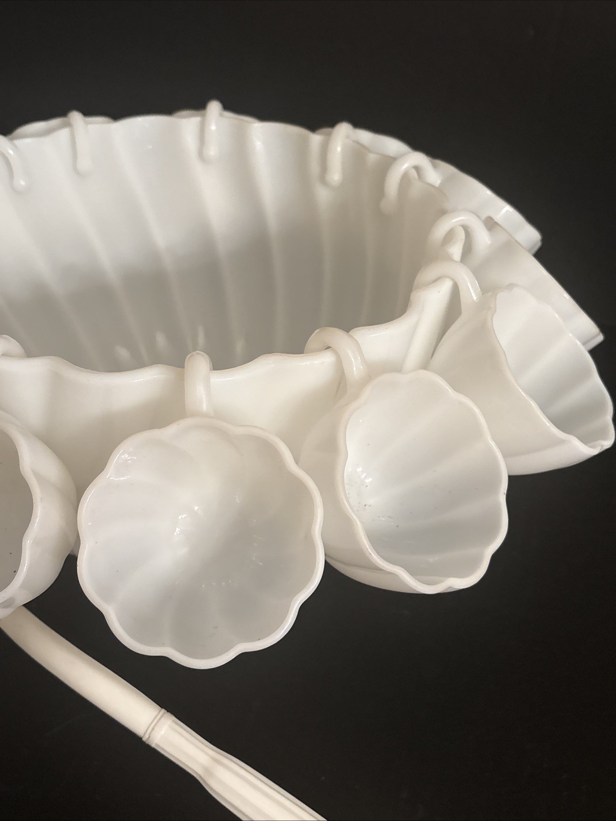 Vtg Hazel Atlas Milk Glass Alpine White Swirl Punch Bowl 12 Cups W Vtg Ladle