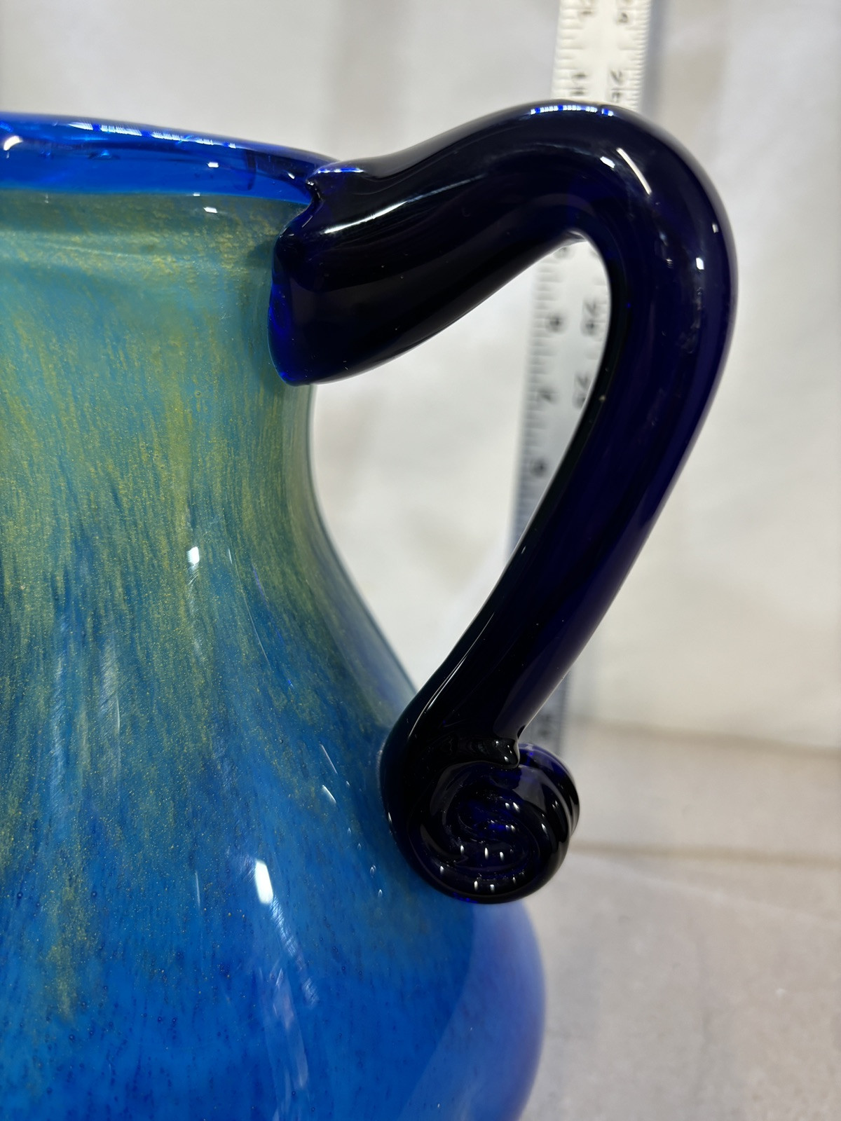 Hand Blown Murano 3 Sided Cased Cobalt Blue to Yellow Glass Pitcher #2