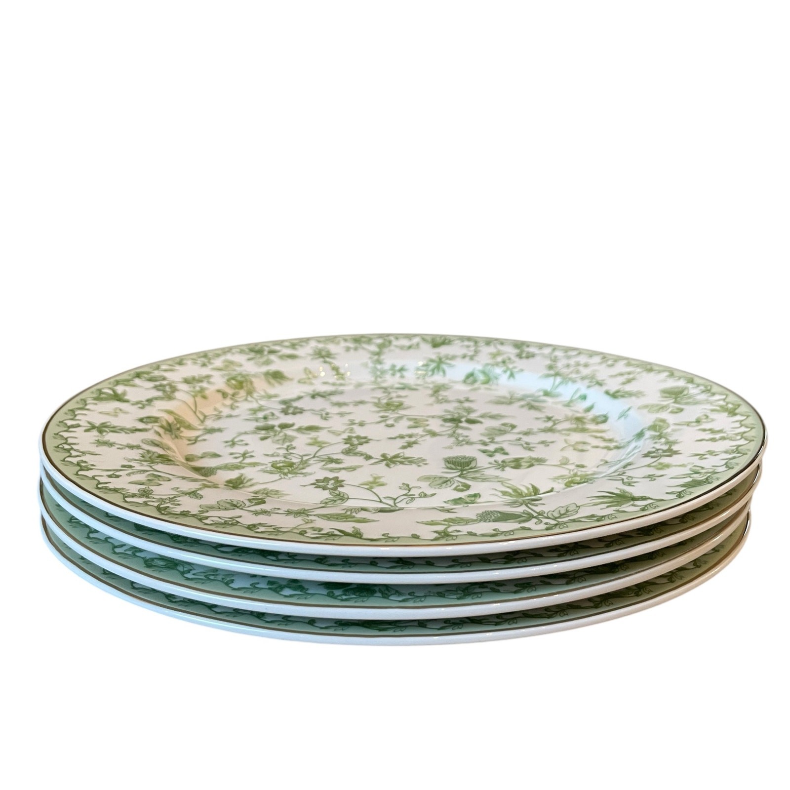 Grace Teaware Porcelain Dinner Plates 10.5″ Green & White Floral Set of 4 New