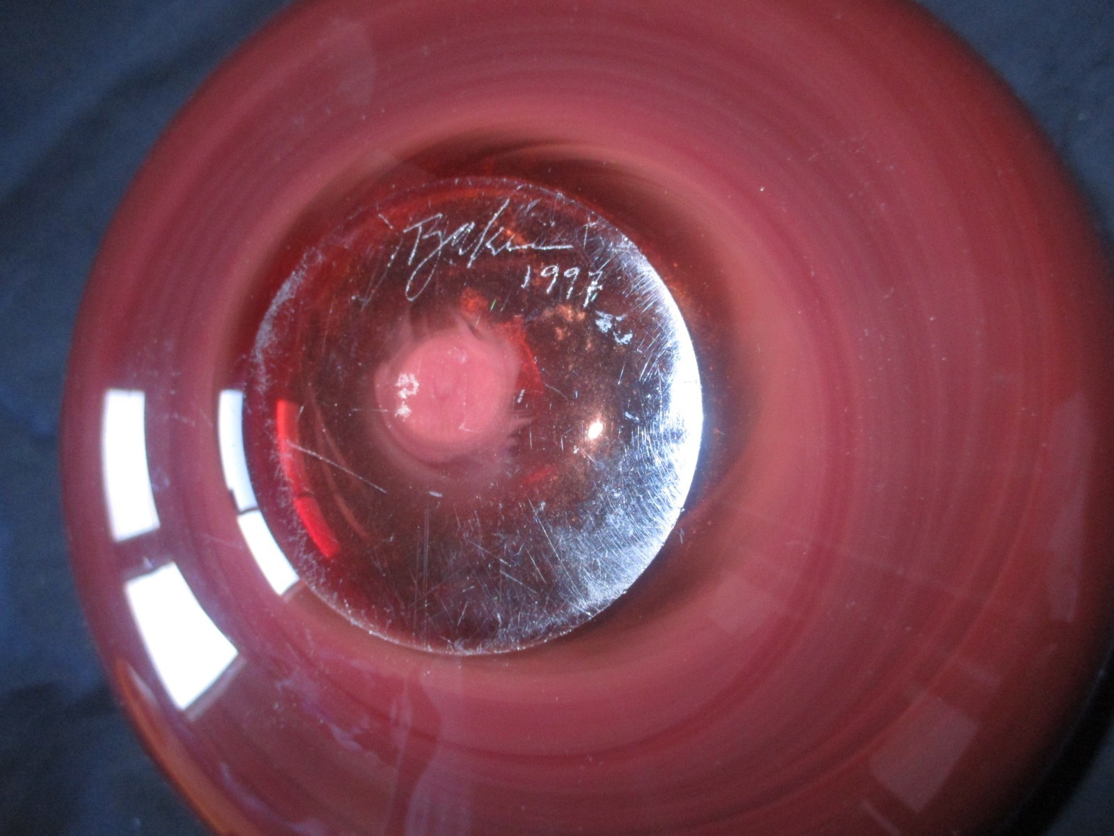 Baker O’Brien Studio 1997 Studio Art Hand Blown Red Swirl Glass Bowl