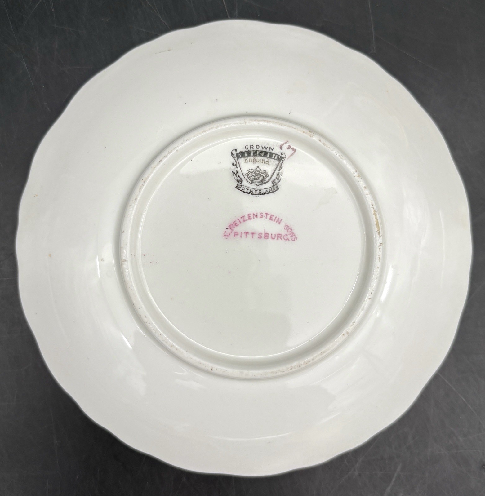 2 Heavy Gold Crown Sutherland Cups & Saucers Imported for C. Reizenstein & Sons