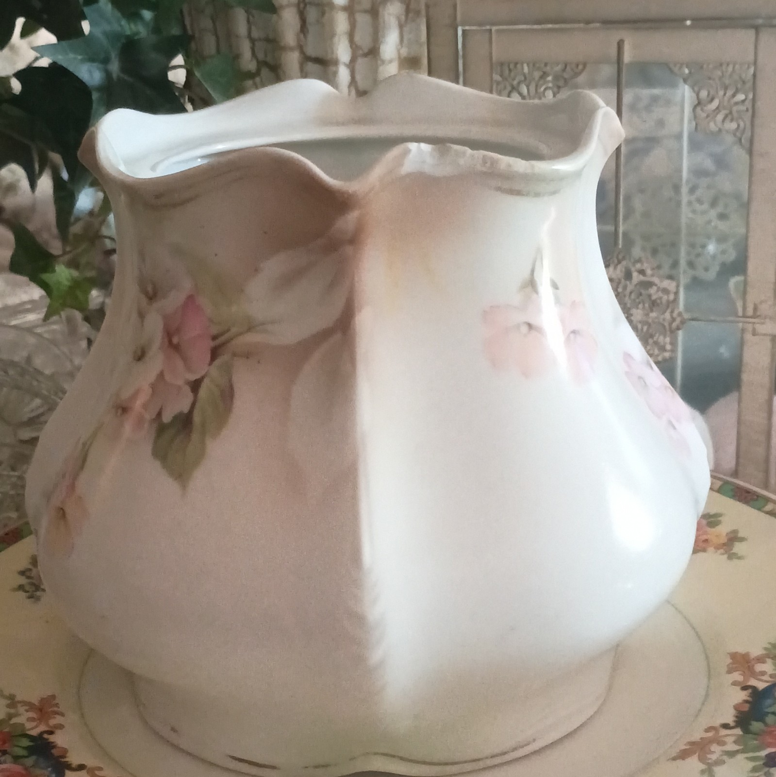 RS Prussia Floral Porcelain Pitcher Glossy White Pink Green Prussia