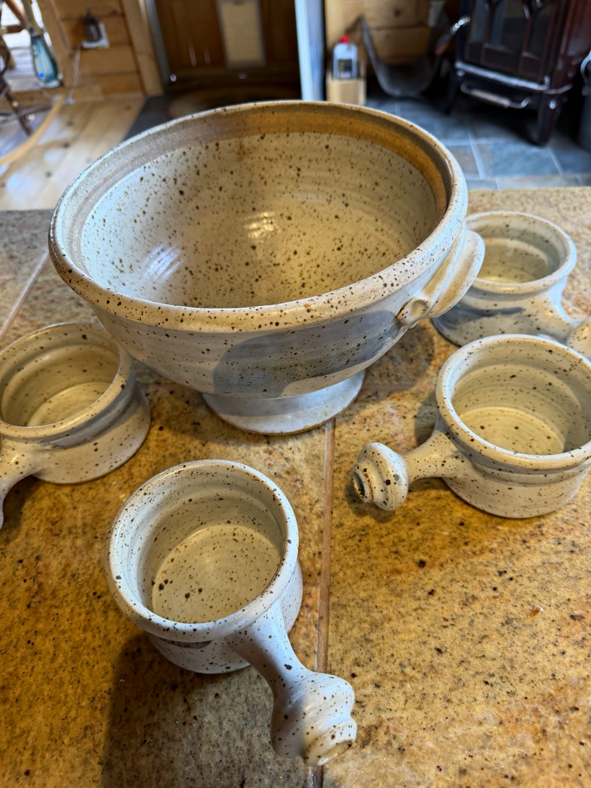 Handmade Speckled Stoneware Punch Bowl Set w/ Cups, Glossy Art Pottery