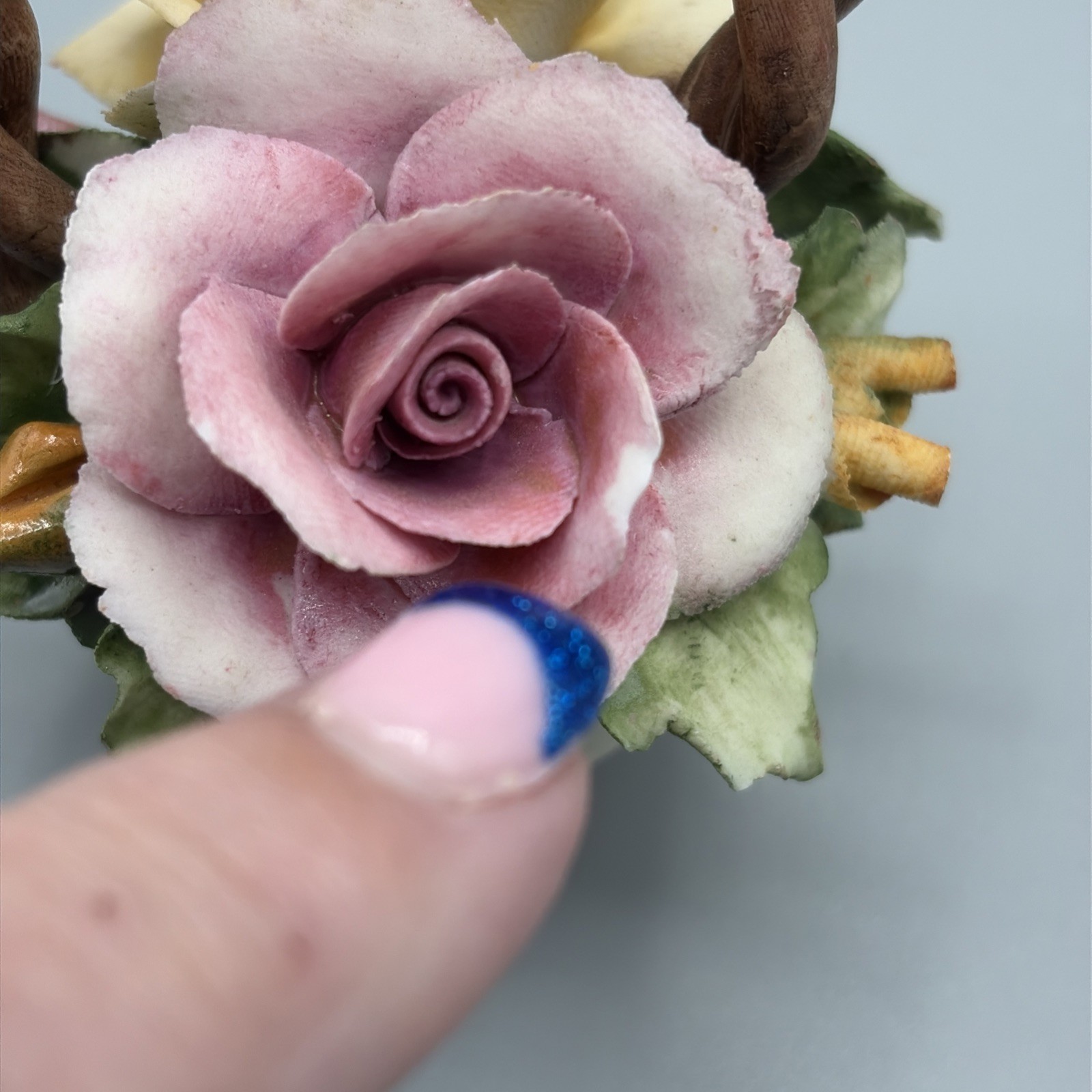 Vintage Capodimonte Porcelain Flowers Basket Centerpiece 4″ Tall, Made in Italy