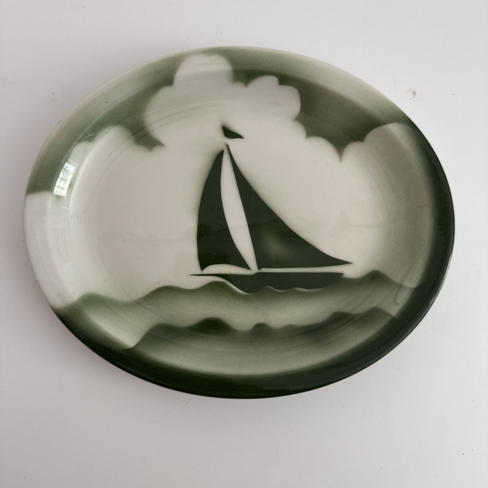 Rare 1950s Jackson China Airbrushed Sailboat Platter Green Nautical Restaurant