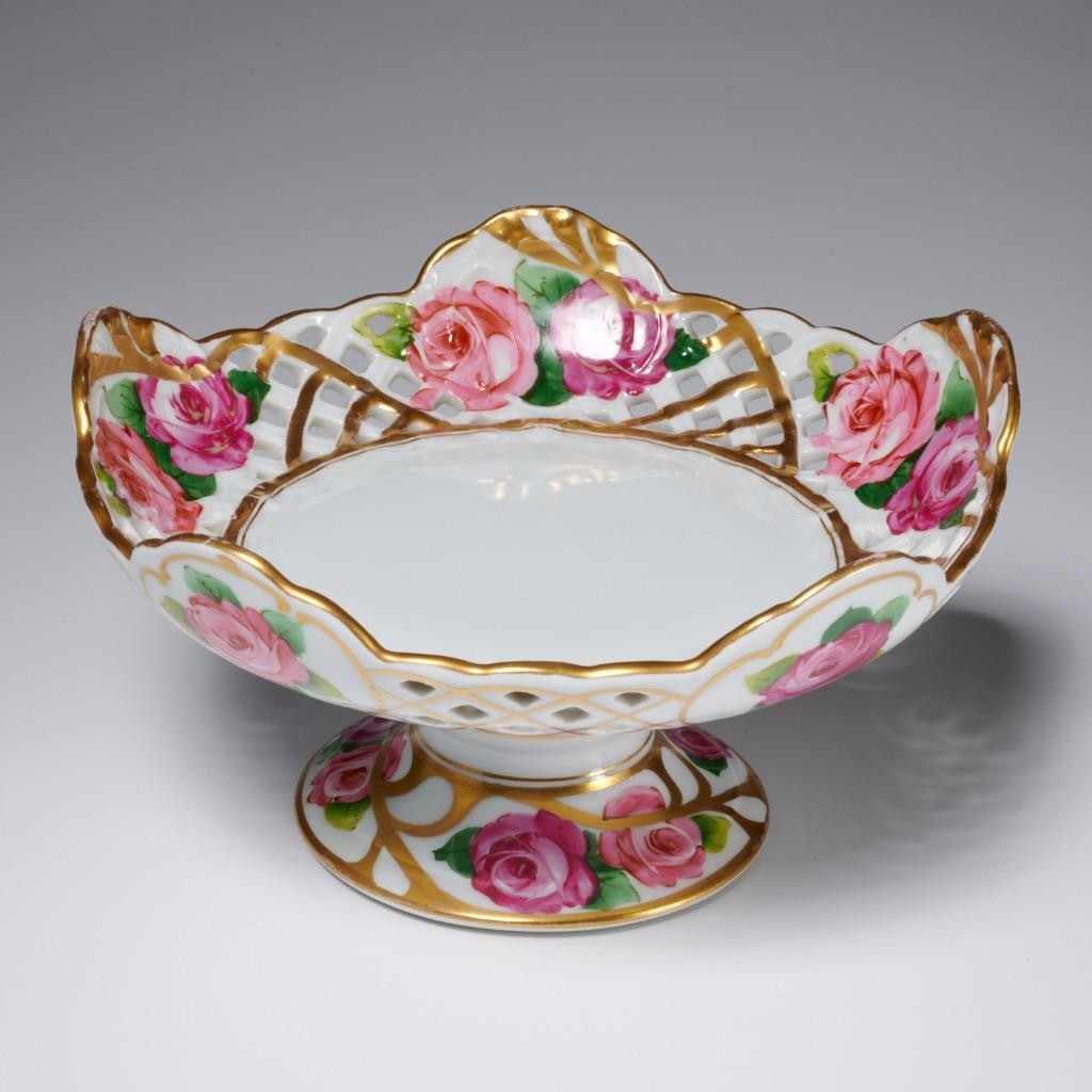 Saxe Germany Reticulated Pink Rose Porcelain Pedestal Compote Bowl Dish 9″ Pair