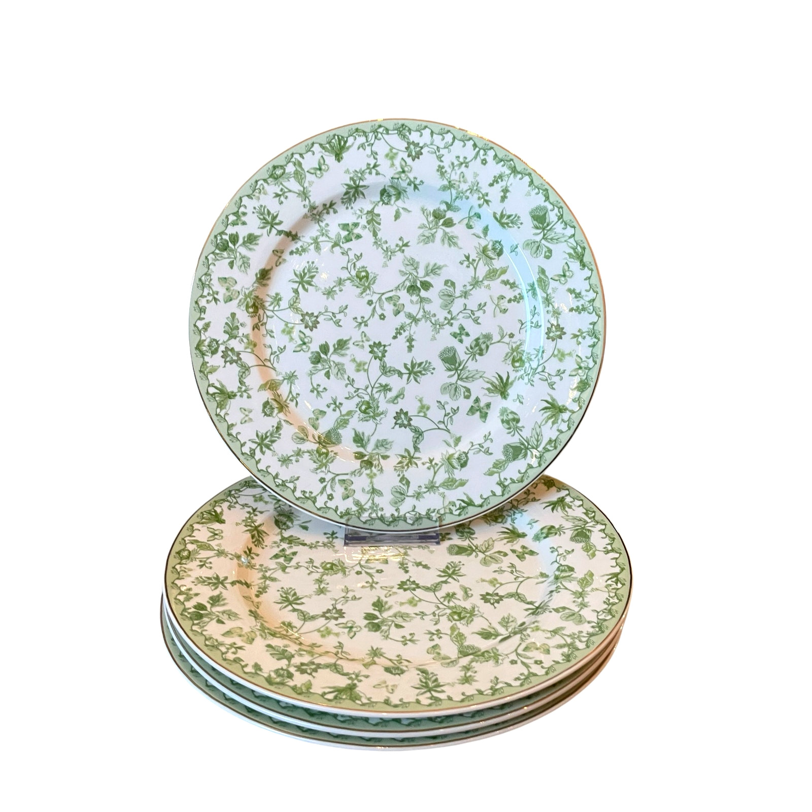 Grace Teaware Porcelain Dinner Plates 10.5″ Green & White Floral Set of 4 New