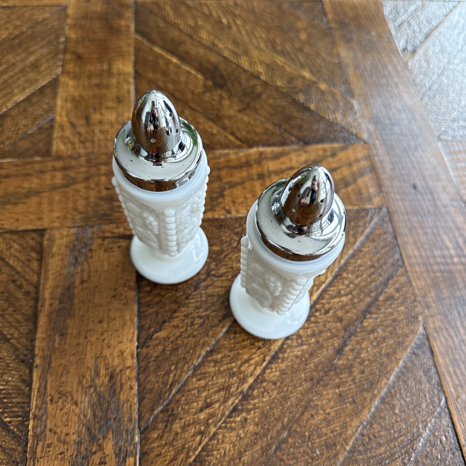 Westmoreland Salt and Pepper Shaker Bead Cable Grape Leaf White Milk Glass