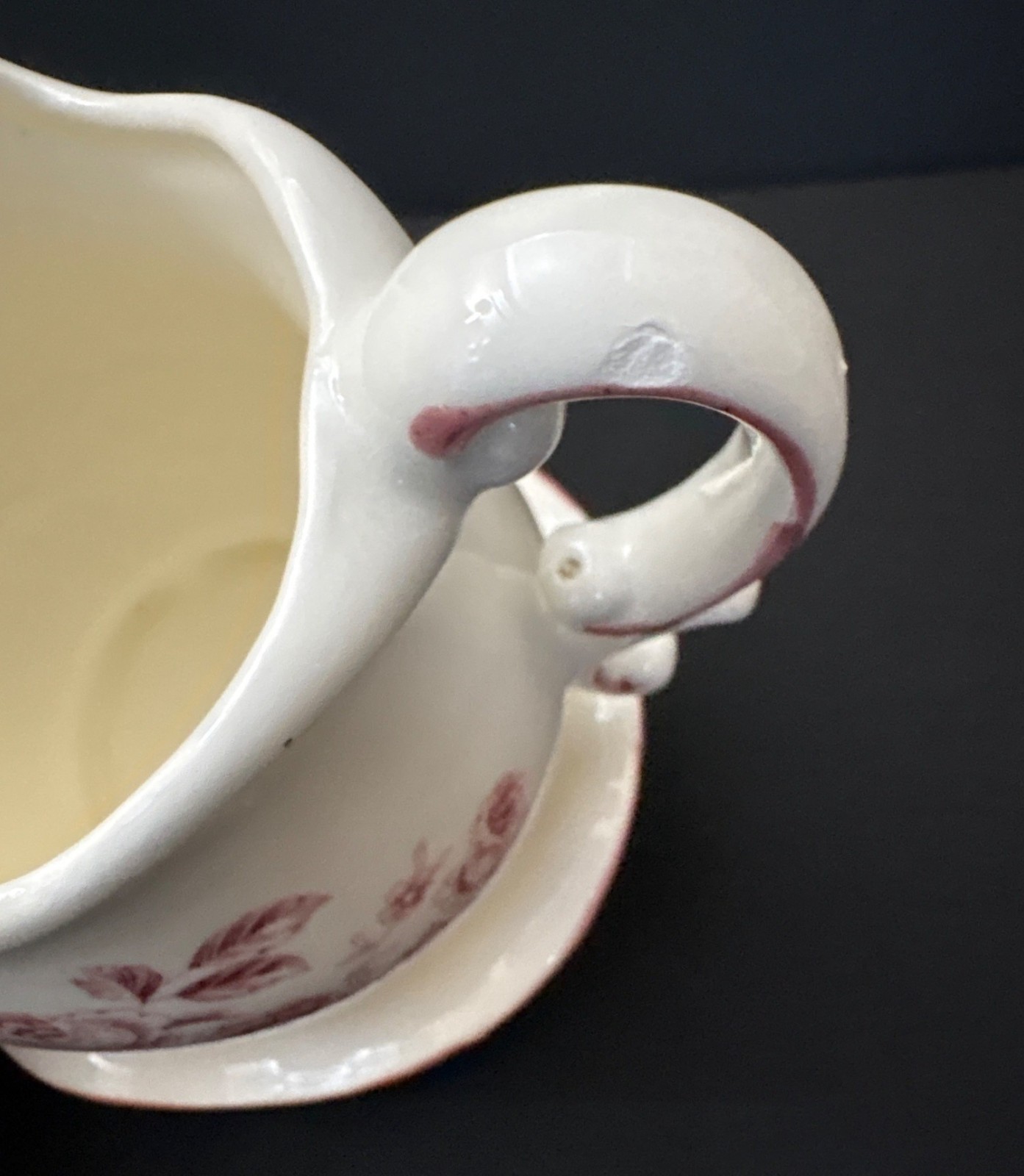 White Japanese Ceramic Pitcher Pink Floral Design Matching Saucer Plate Creamer
