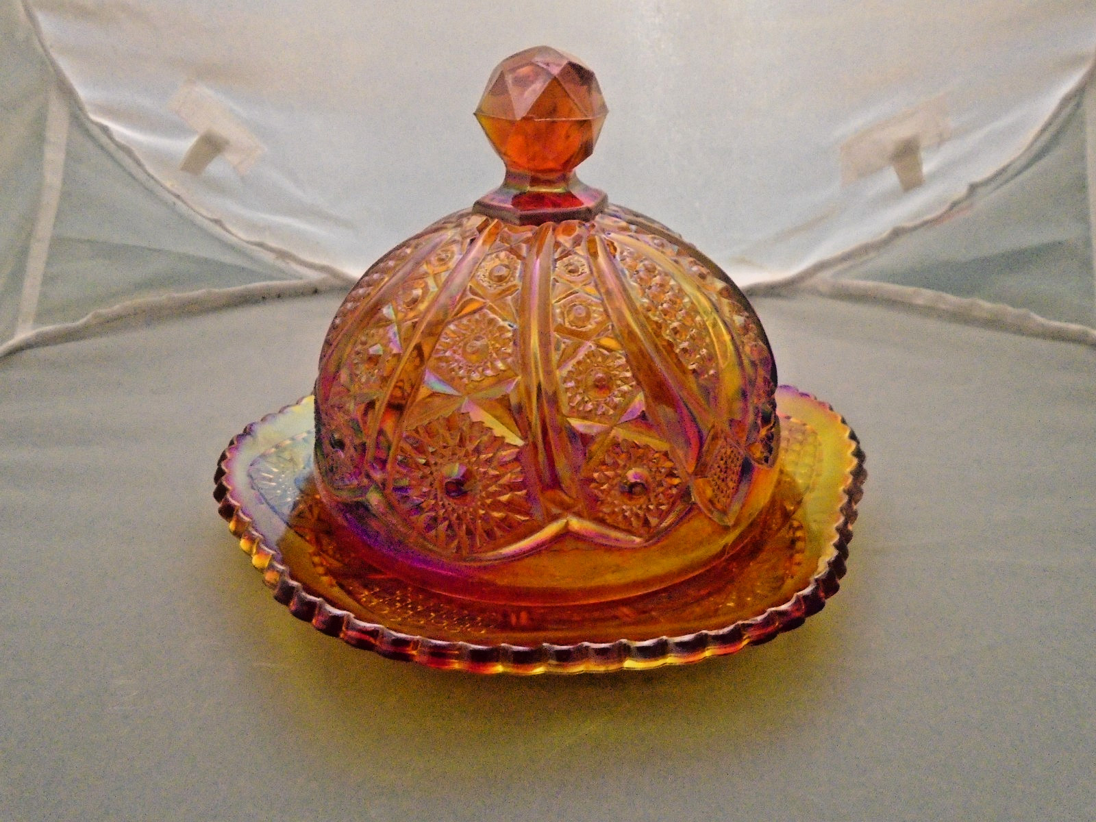 Vintage Indiana Glass Carnival Glass Sunset Red Covered Butter Dish