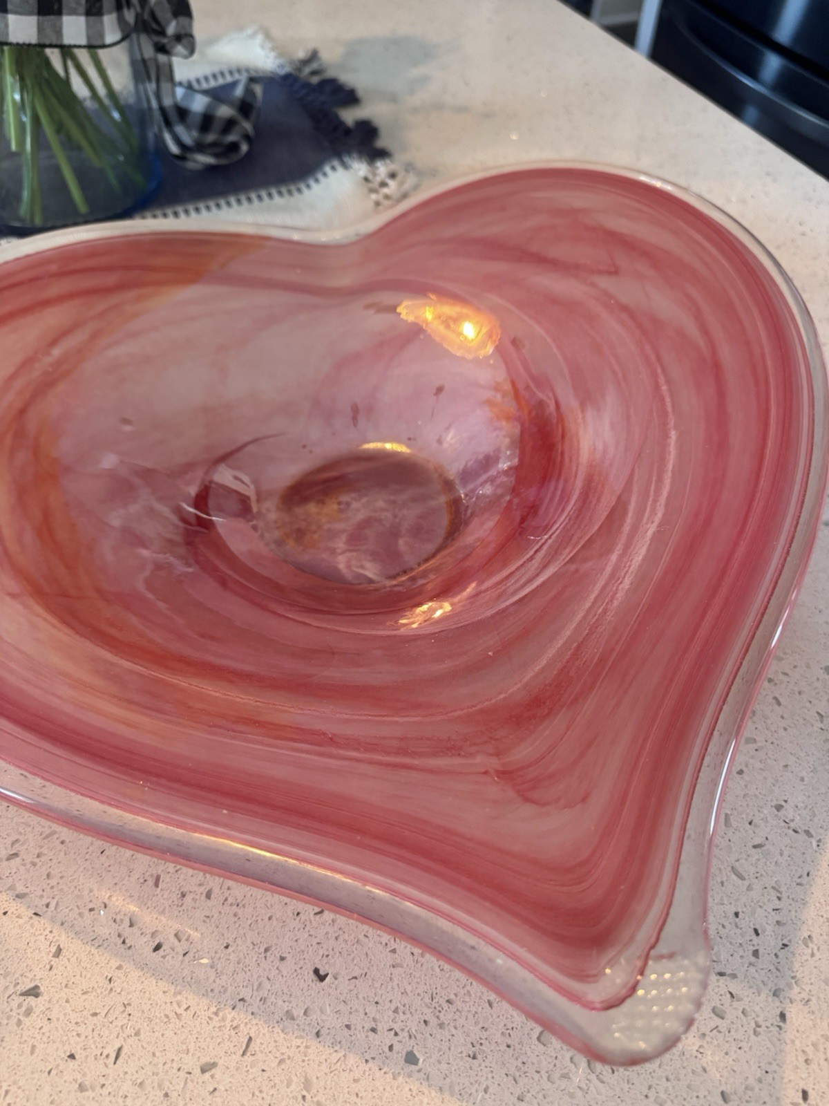 Large 16” Hand Blown Pink/Red Swirl Heart Art Glass Bowl Murano Style Centerpiec