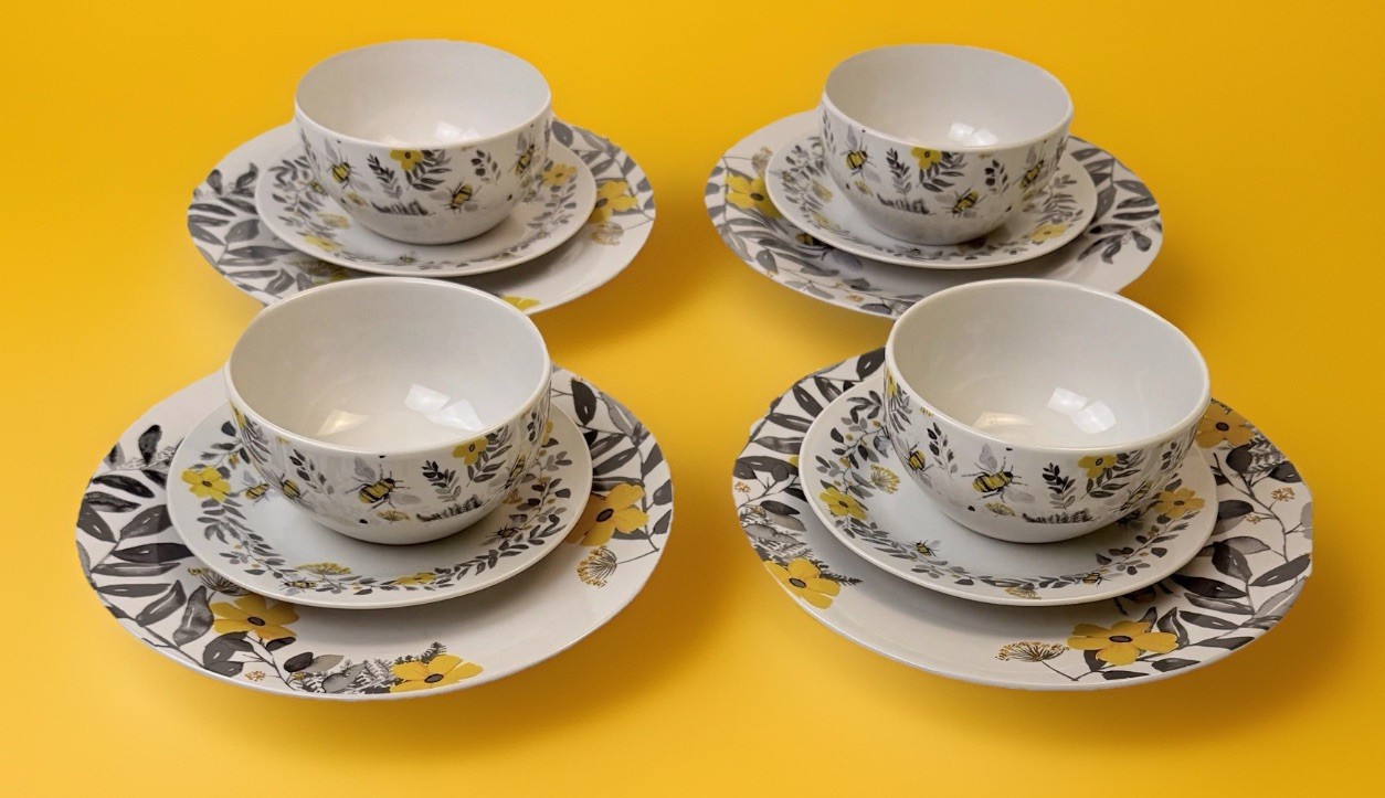 ROYAL NORFOLK “Bee Happy” Floral & Bees~4 Bowls/4-10.5” Plates/4-7.5” Plates~NEW