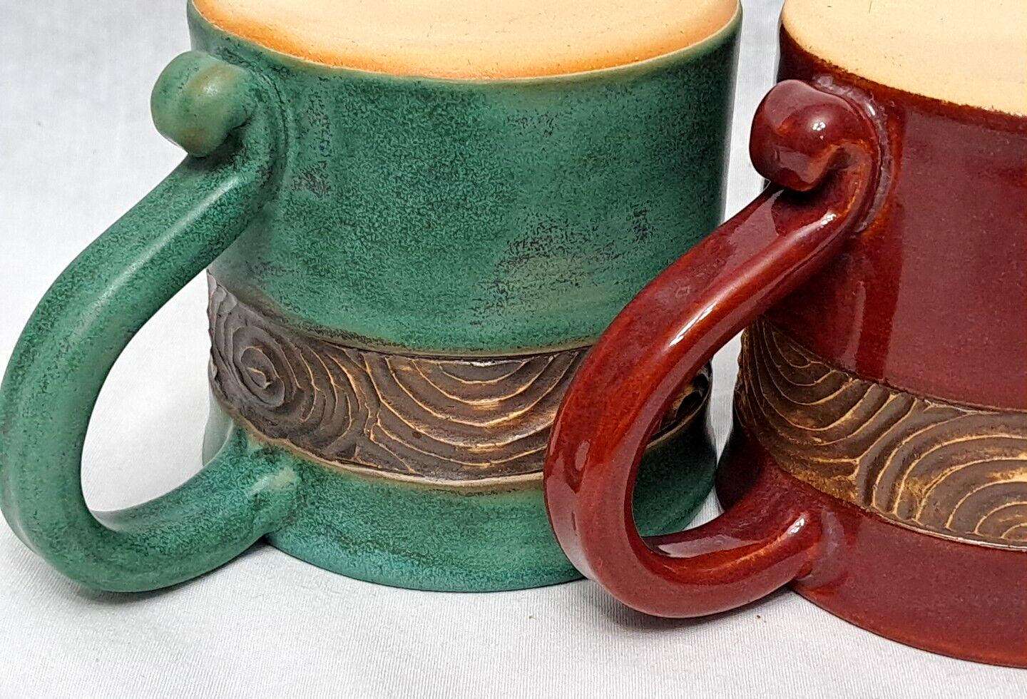 4 Studio Pottery Coffee Mugs Drip Glaze Native Island Look 18 Oz Carved Stamped