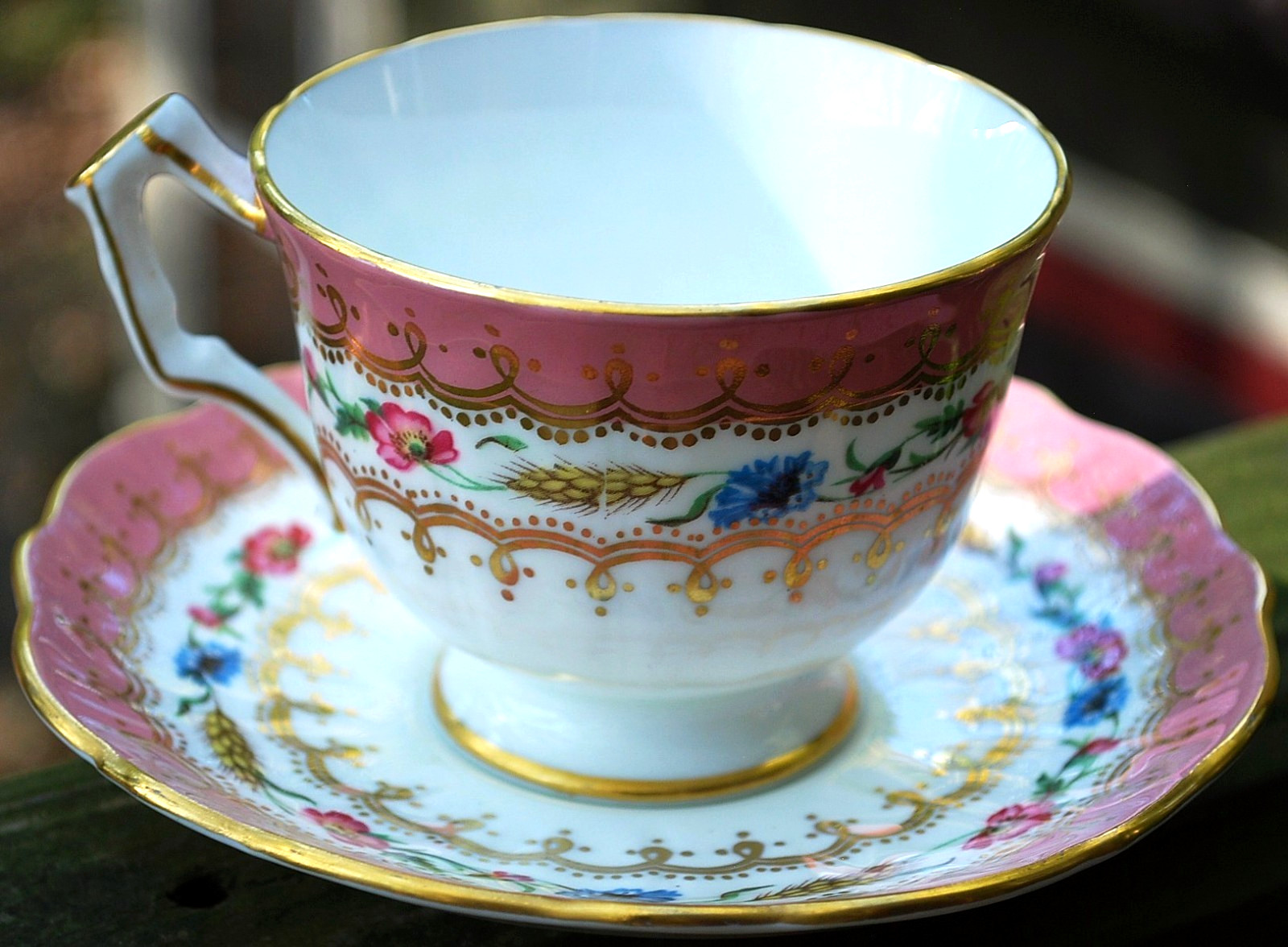 Vtg AYNSLEY ENGLAND Footed Teacup & Saucer HARVEST WHEAT/PINK FLORAL Bone China