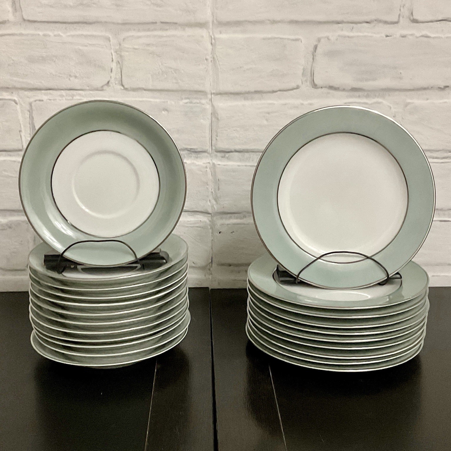 Vintage Sango Japan Sheffield Plates and Saucers Celadon Silver Rim- 22 Pc Lot