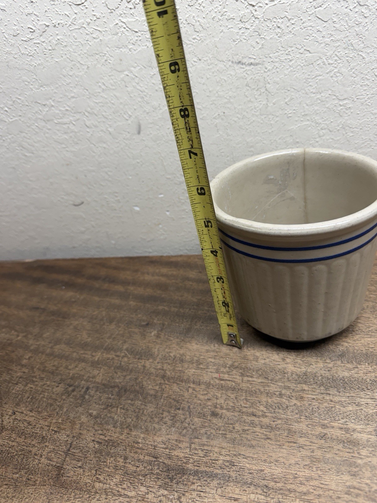 Vtg. Red Wing Pottery Beater Jar Bowl w/ Blue Stripes Ribbed 5 1/4” Tall~ Damage