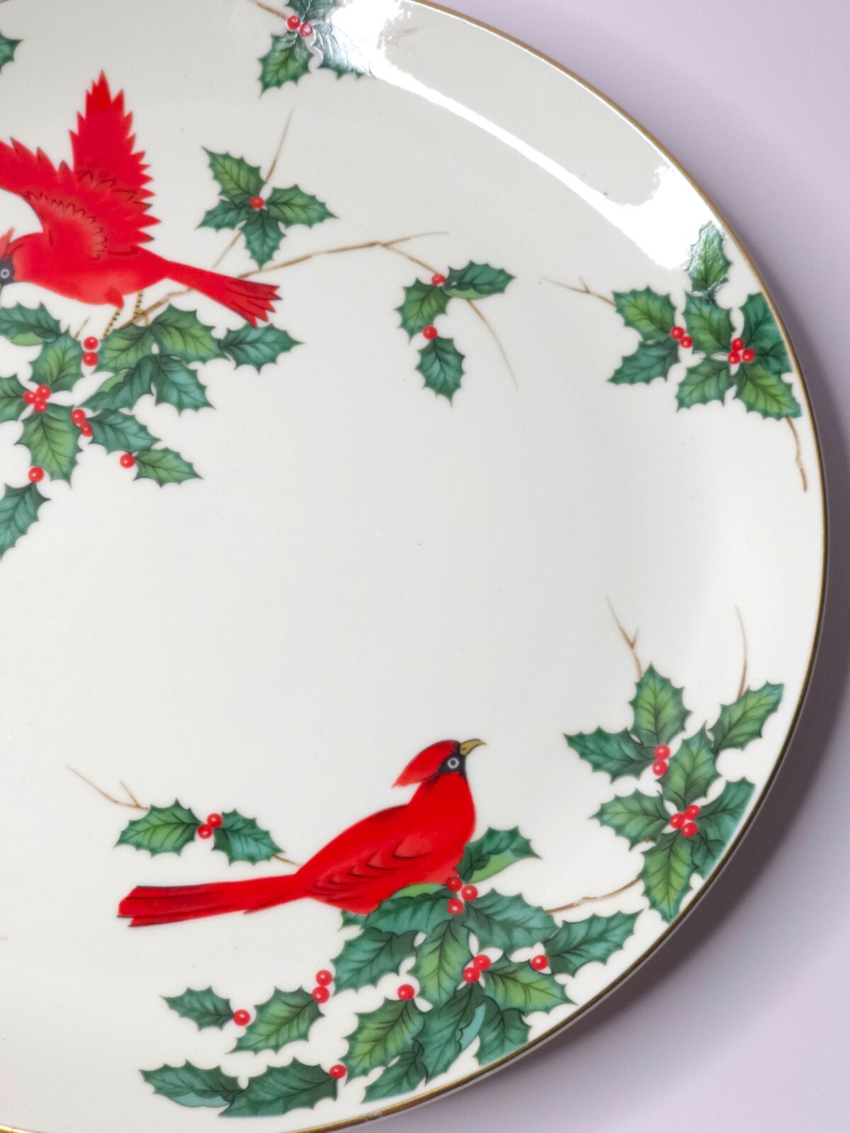 Vintage Lefton Cardinal Christmas 10.25″ Large Dinner Plate Gilt Edge 1993 01207