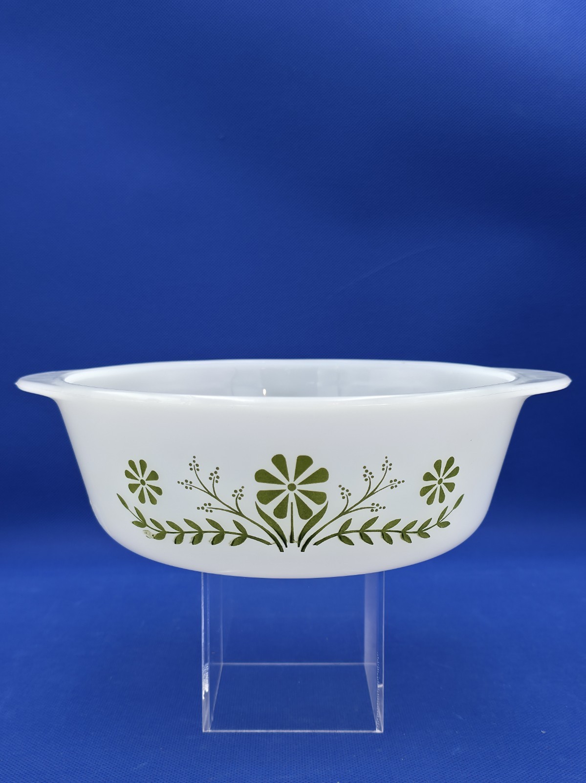 Glasbake Vintage MCM Milk Glass Oven Safe Casserole Dish Green Crazy Daisy
