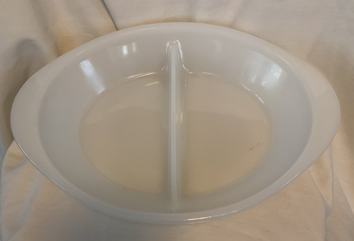 Vintage McKee Glasbake Split Casserole Baking Dish Milk Glass Pebble Bottom