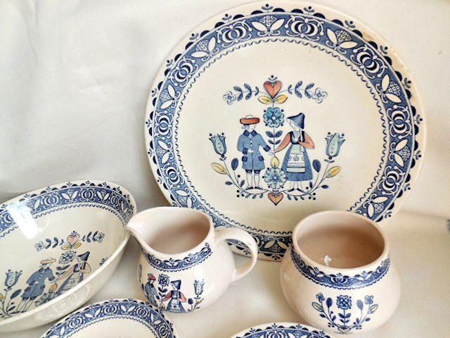 Staffordshire Old Granite Hearts Flowers Saucers + Creamer & Sugar +Serving Bowl