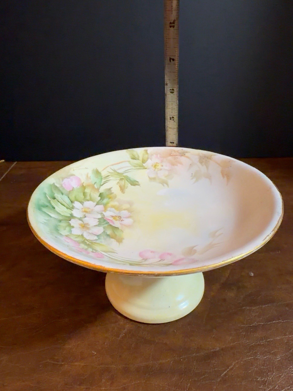 Antique Limoges Hand Painted Pedestal Compote W/ Delicate Floral + Gold Decor