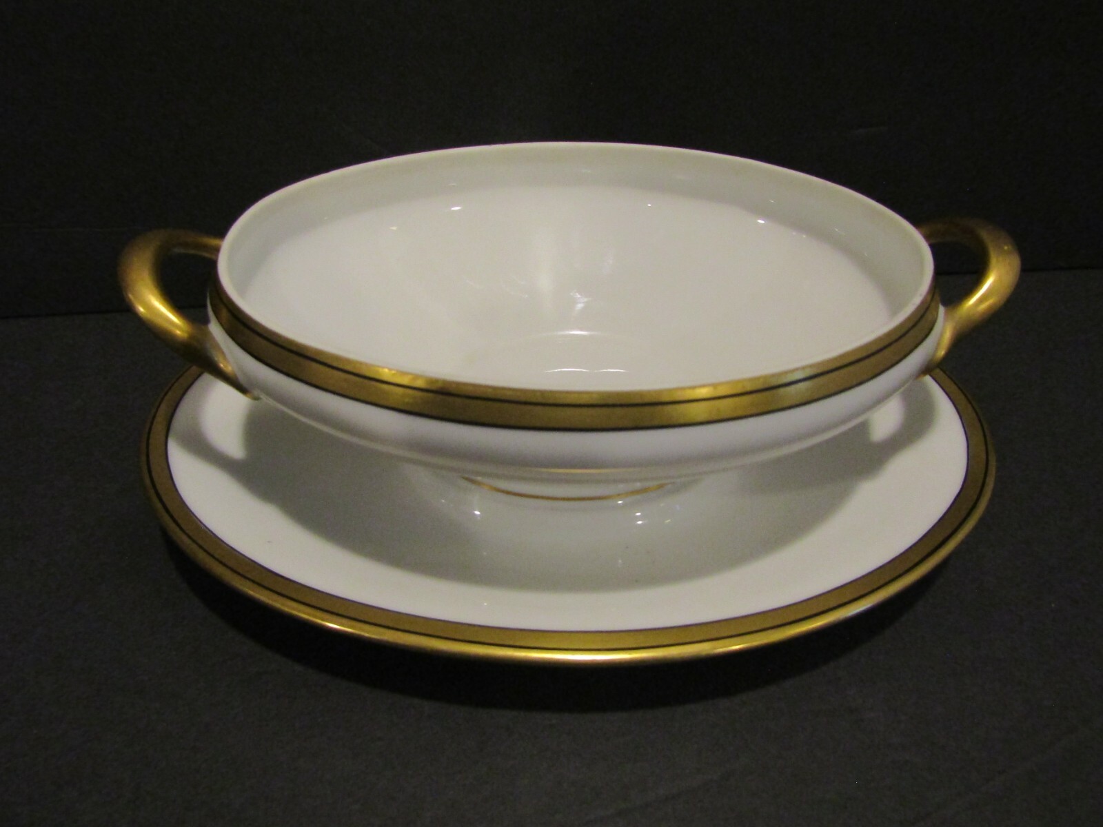Gravy Boat With Handles & Attached Underplate – Gold With Black Stripe FRANCE