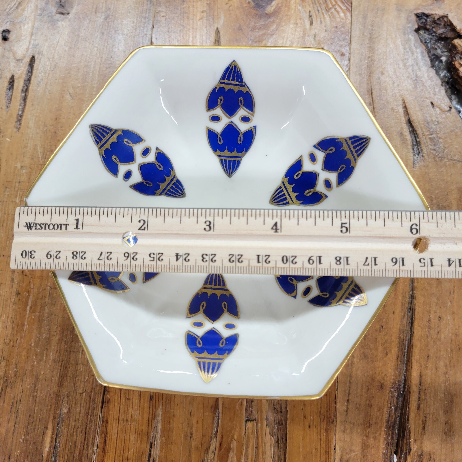 VTG Royal RS Silesia Porcelain Hexagon Pedestal Dish Art Deco White Blue Gold