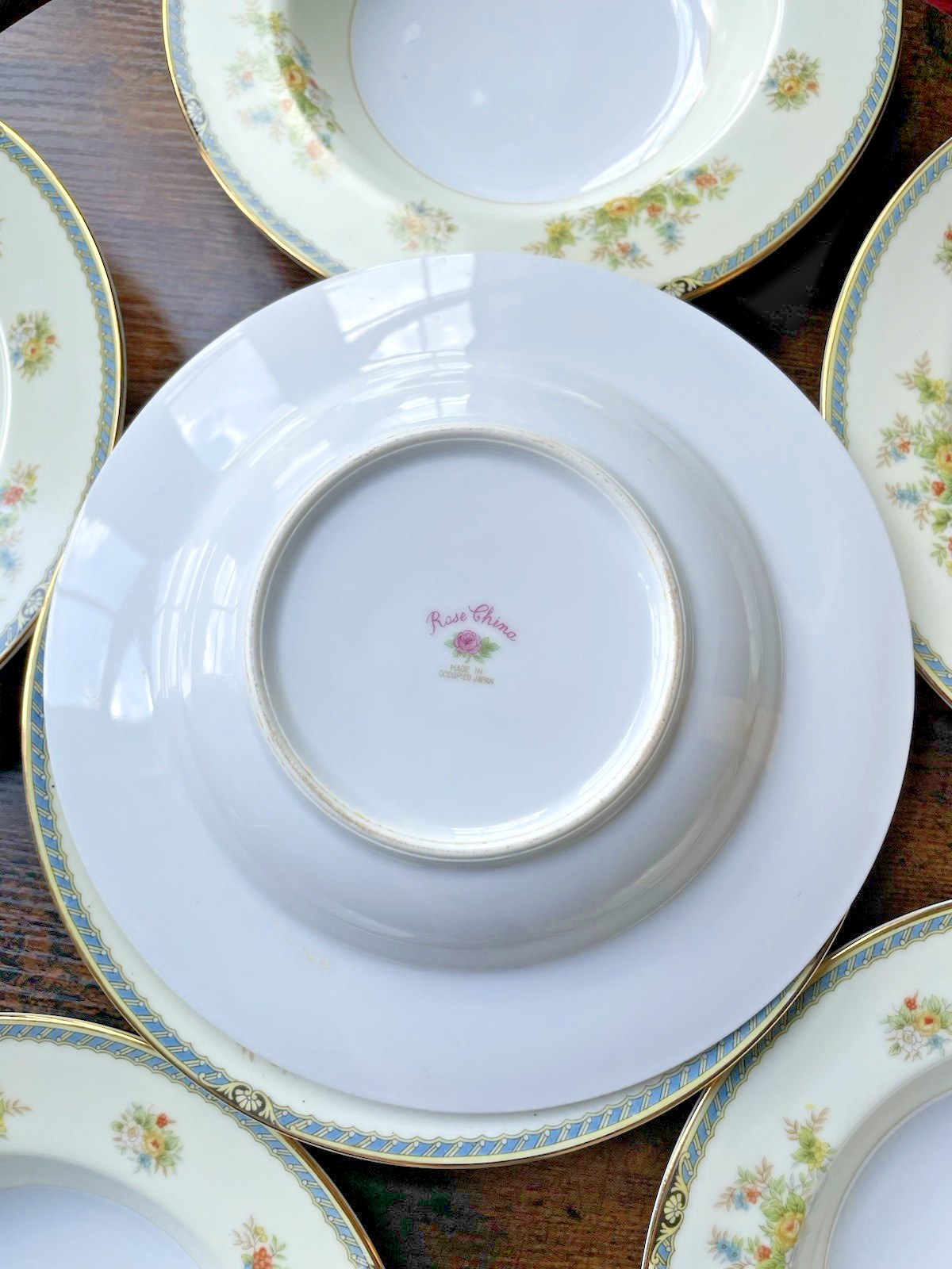 8 Rose China FLORAL Soup Salad Bowl Blue Gold Trim Occupied Japan 8″ Vintage Set