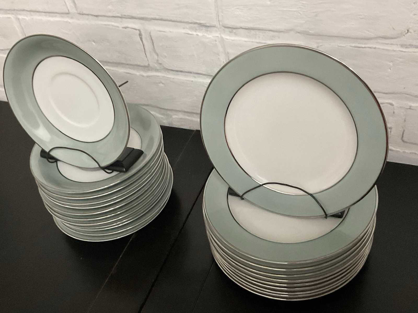 Vintage Sango Japan Sheffield Plates and Saucers Celadon Silver Rim- 22 Pc Lot