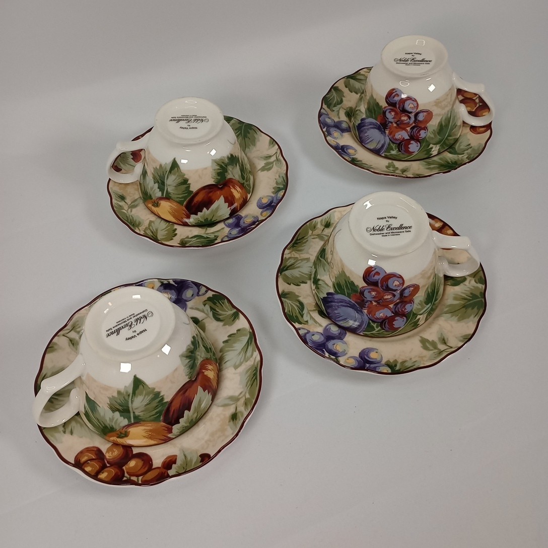 Noble Excellence Napa Valley Set of 4 Tea Cups & Saucers Fruit Vineyard