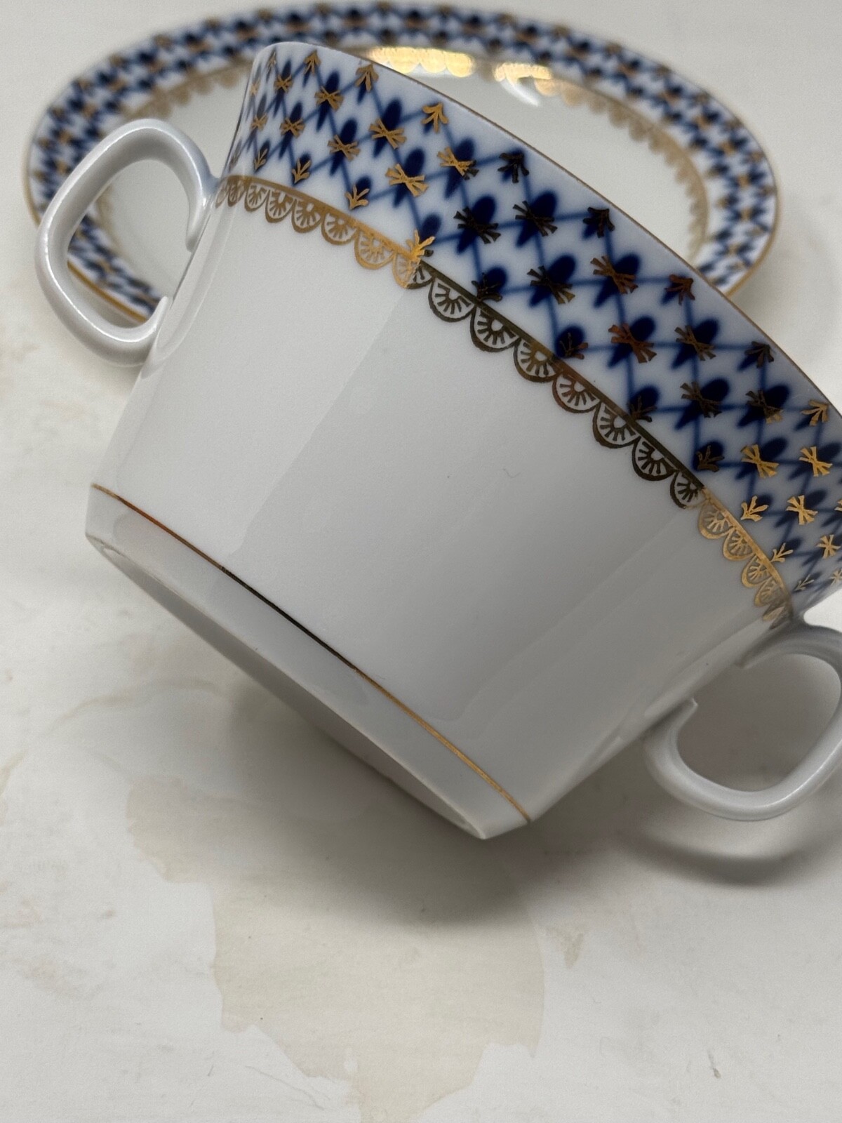 Lomonosov Imperial Porcelain Russian COBALT NET SOUP BOWL with SAUCER 4 NEW
